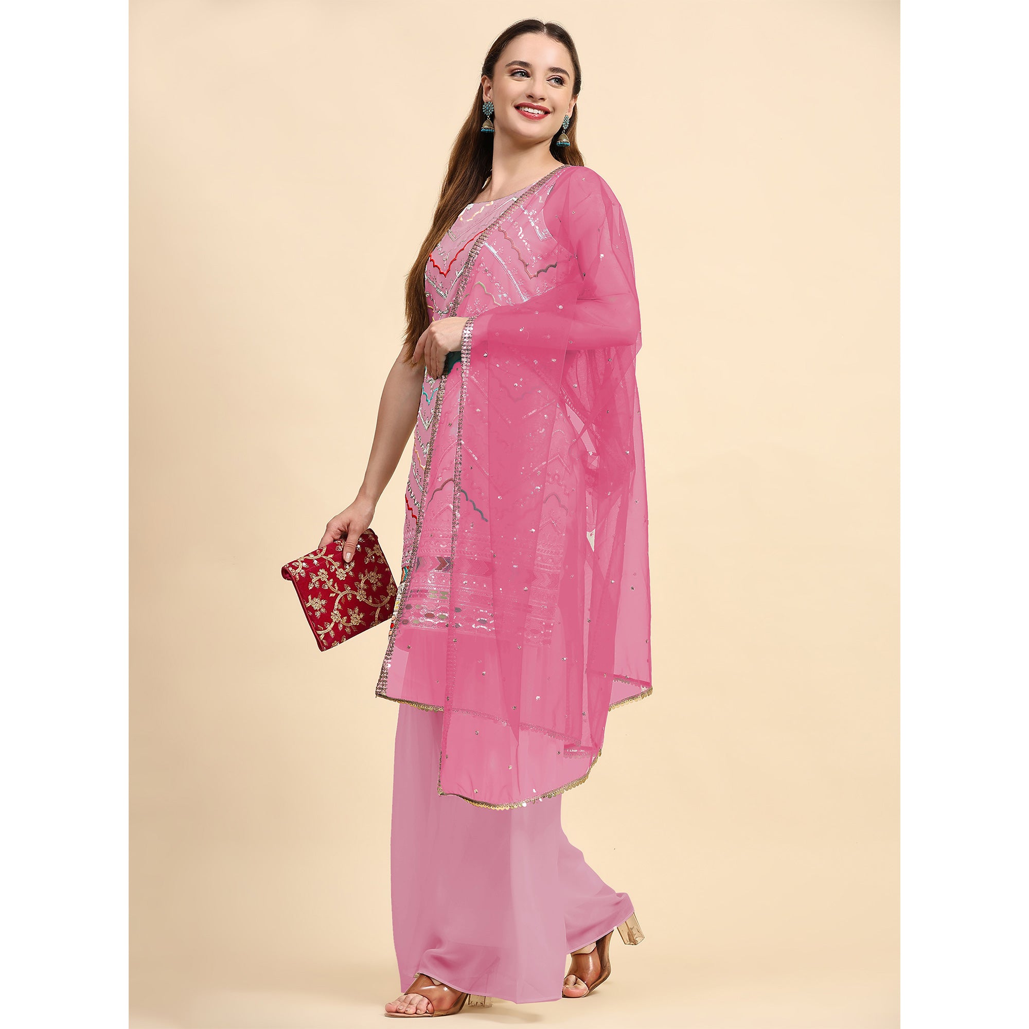 Pink Sequins Embroidered Georgette Semi Stitched Suit