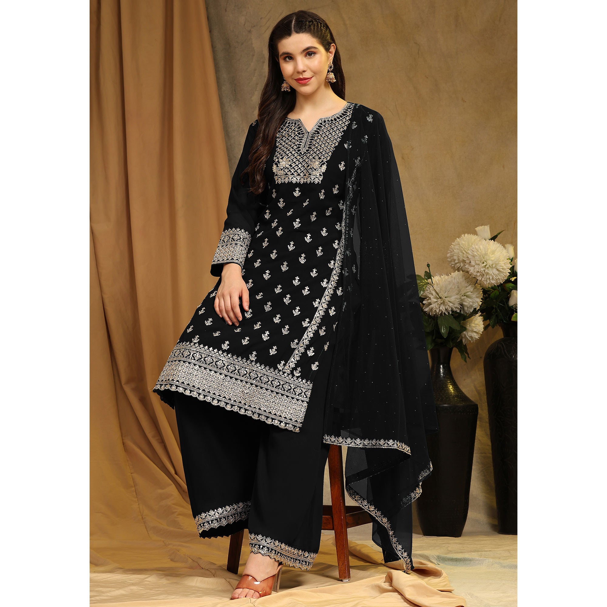 Black Floral Embroidered Georgette Semi Stitched Suit