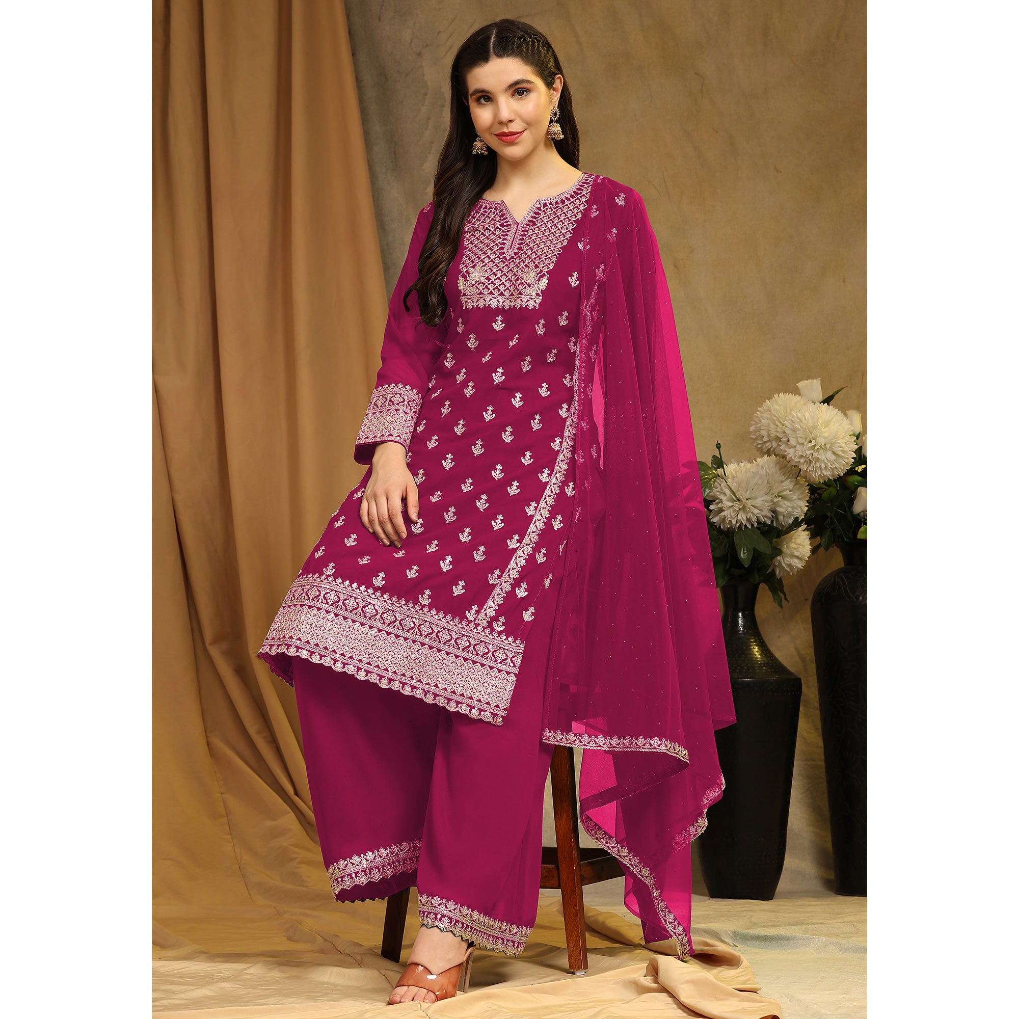 Pink Floral Embroidered Georgette Semi Stitched Suit