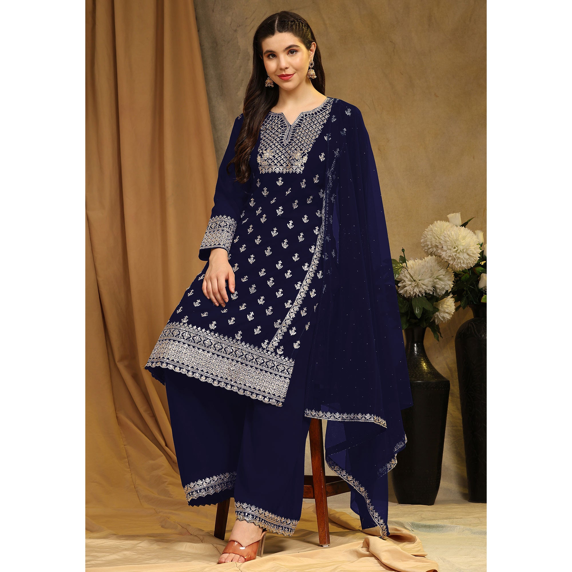 Blue Floral Embroidered Georgette Semi Stitched Suit