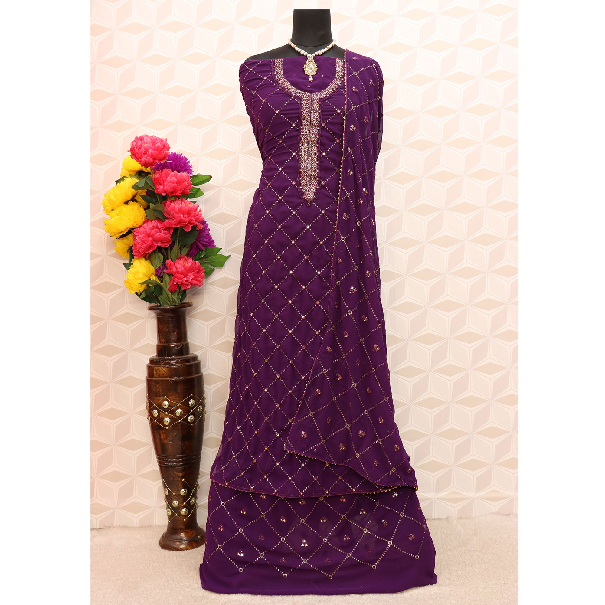 Purple Sequins Embroidered Georgette Semi Stitched Palazzo Suit