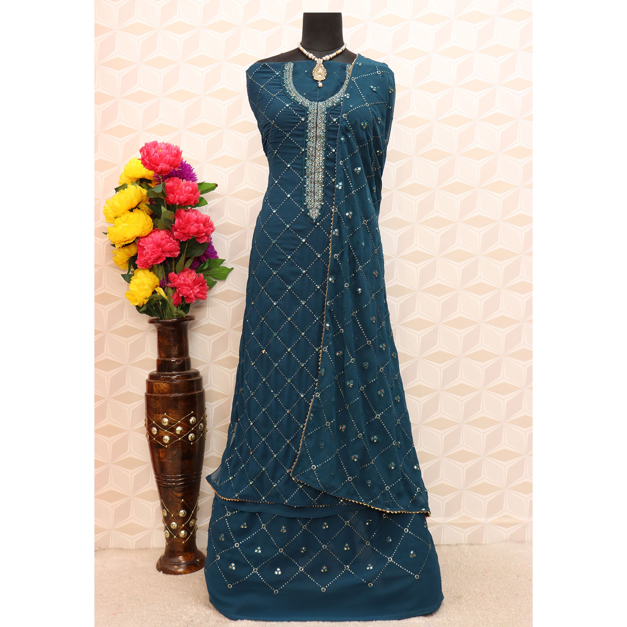 Blue Sequins Embroidered Georgette Semi Stitched Palazzo Suit