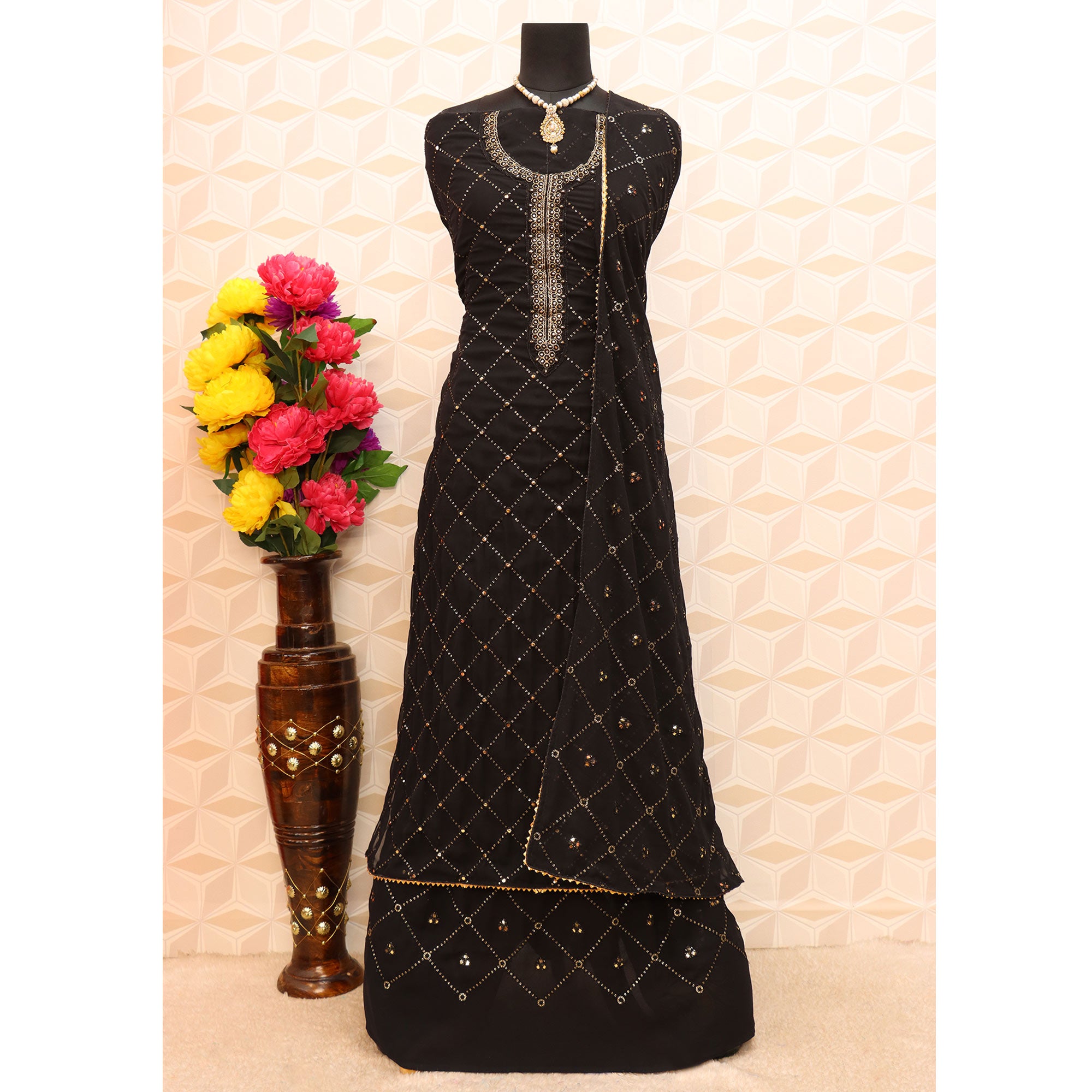 Black Sequins Embroidered Georgette Semi Stitched Palazzo Suit