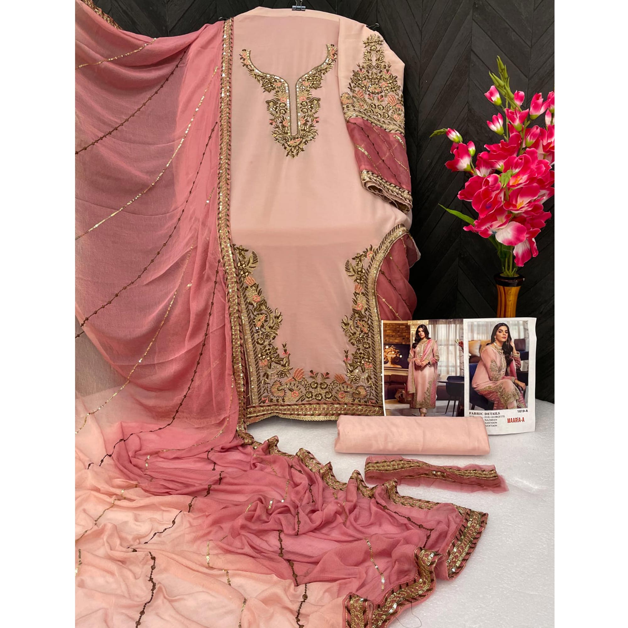 Peach Floral Embroidered Georgette Semi Stitched Pakistani Suit