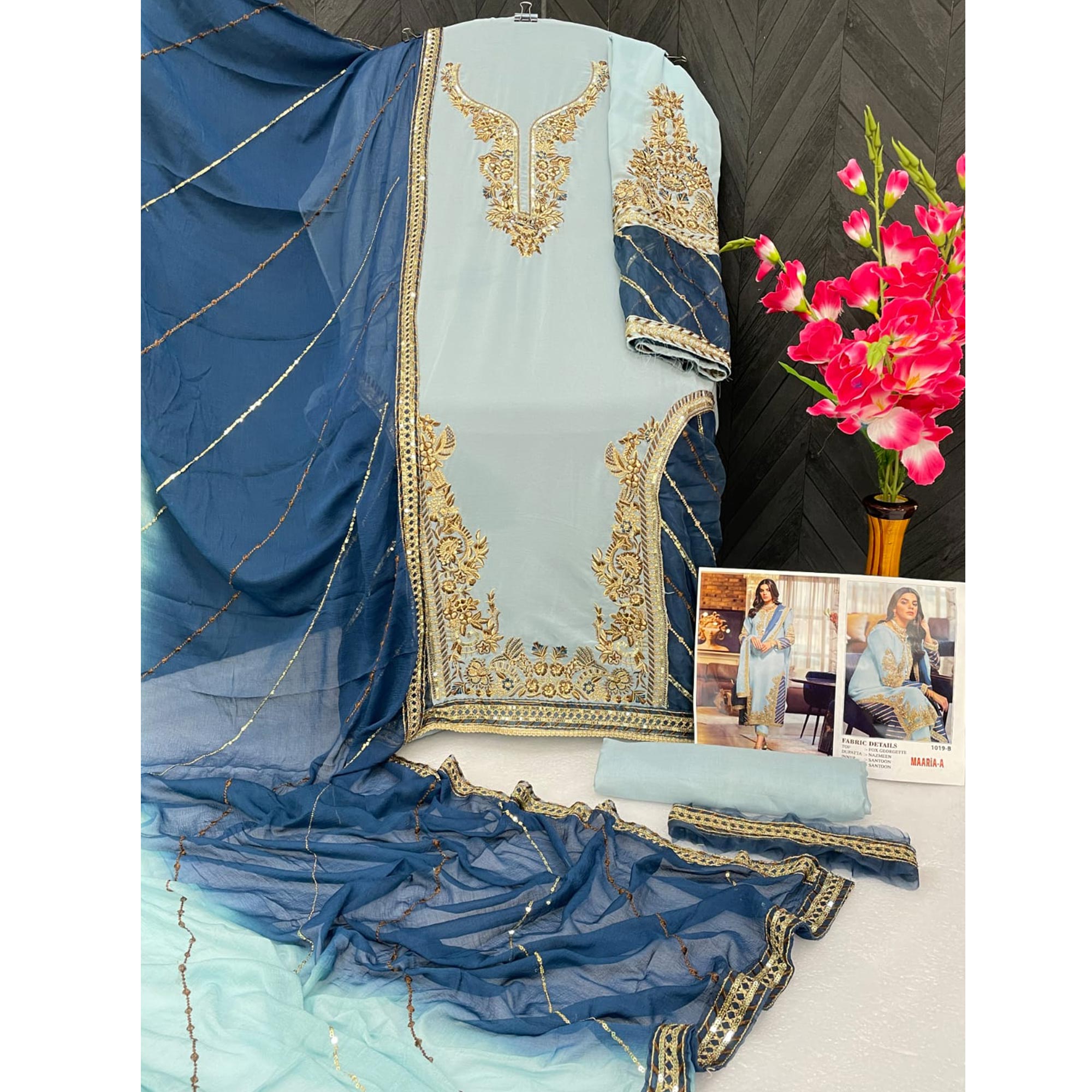 Blue Floral Embroidered Georgette Semi Stitched Pakistani Suit