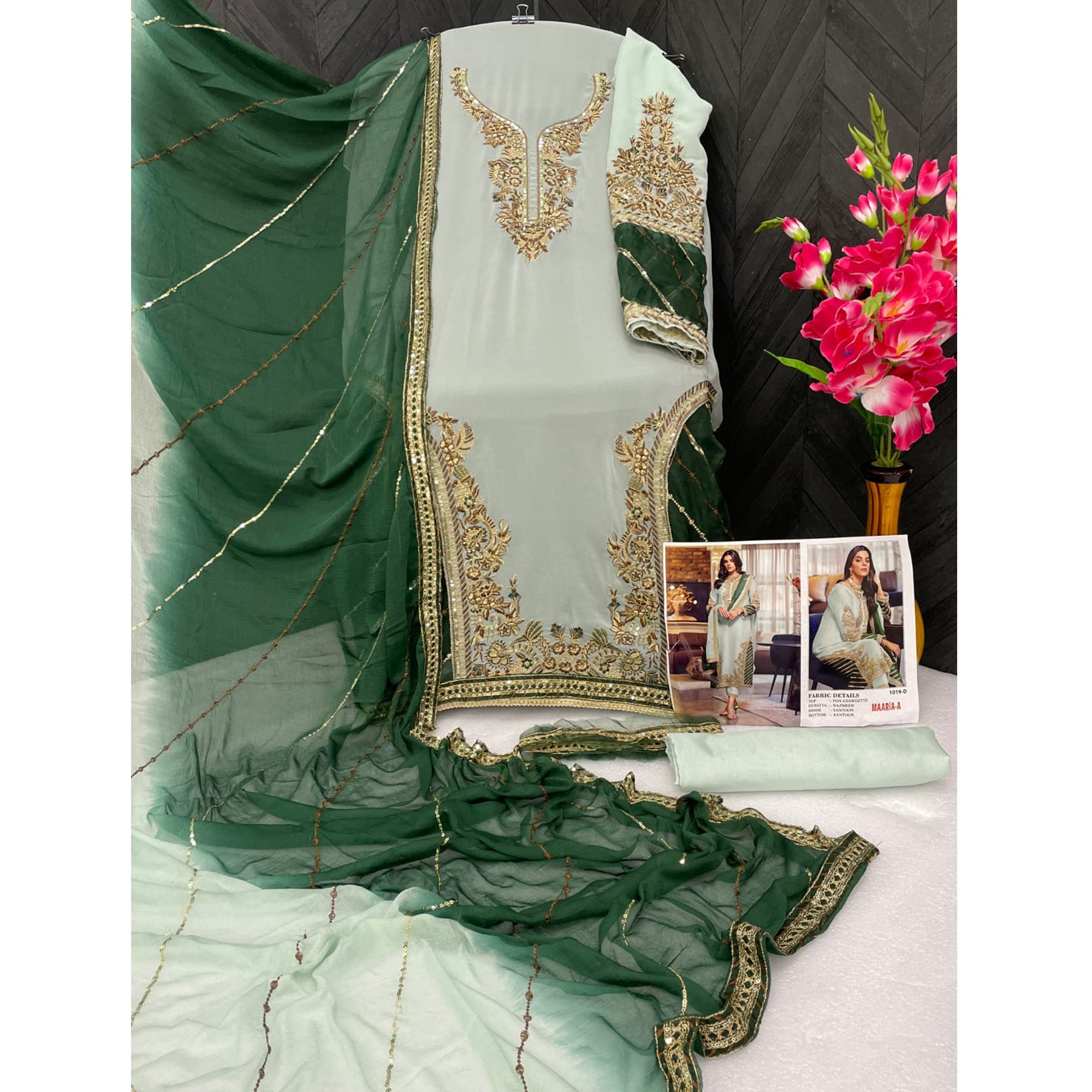 Green Floral Embroidered Georgette Semi Stitched Pakistani Suit