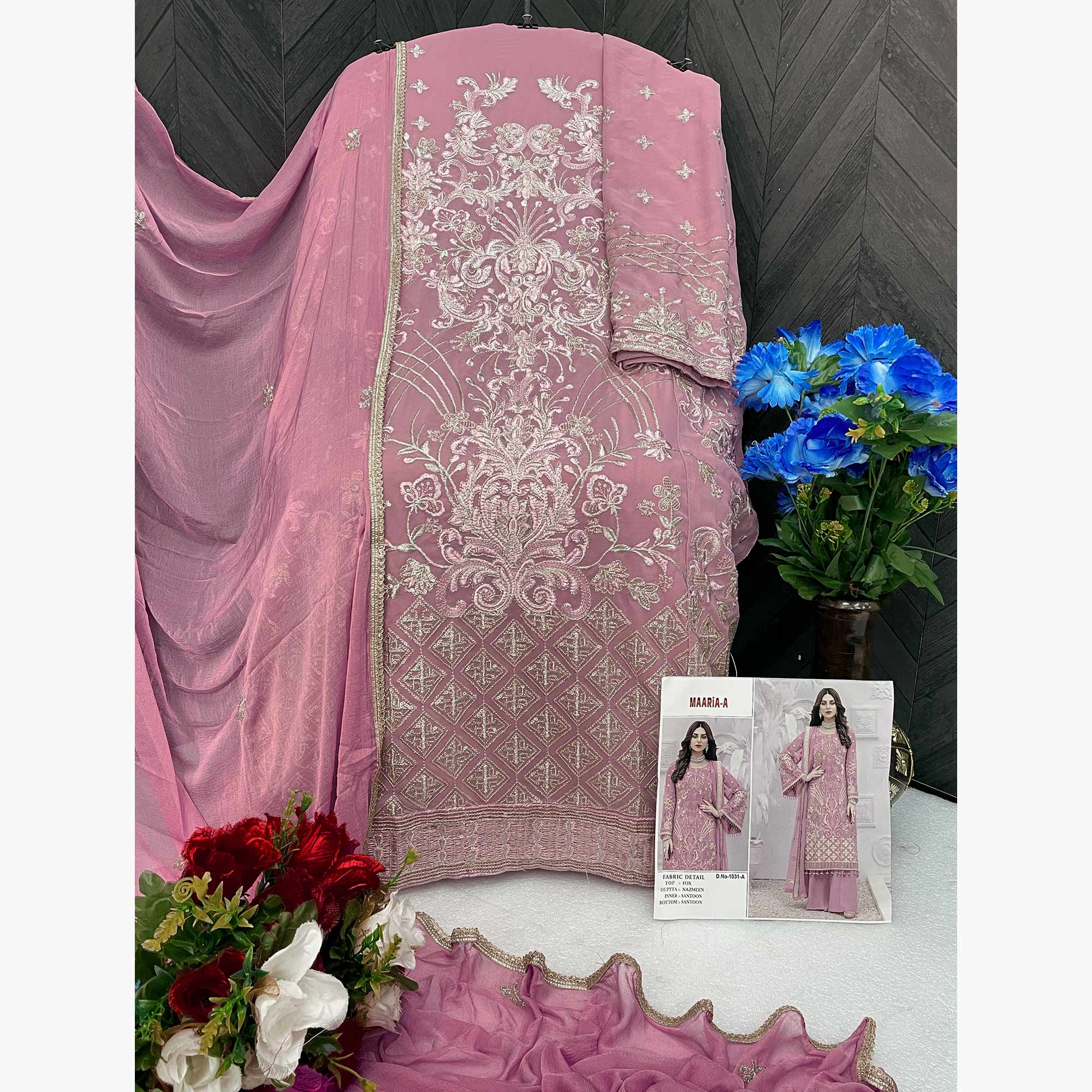 Pastel Pink Floral Embroidered Georgette Semi Stitched Pakistani Suit