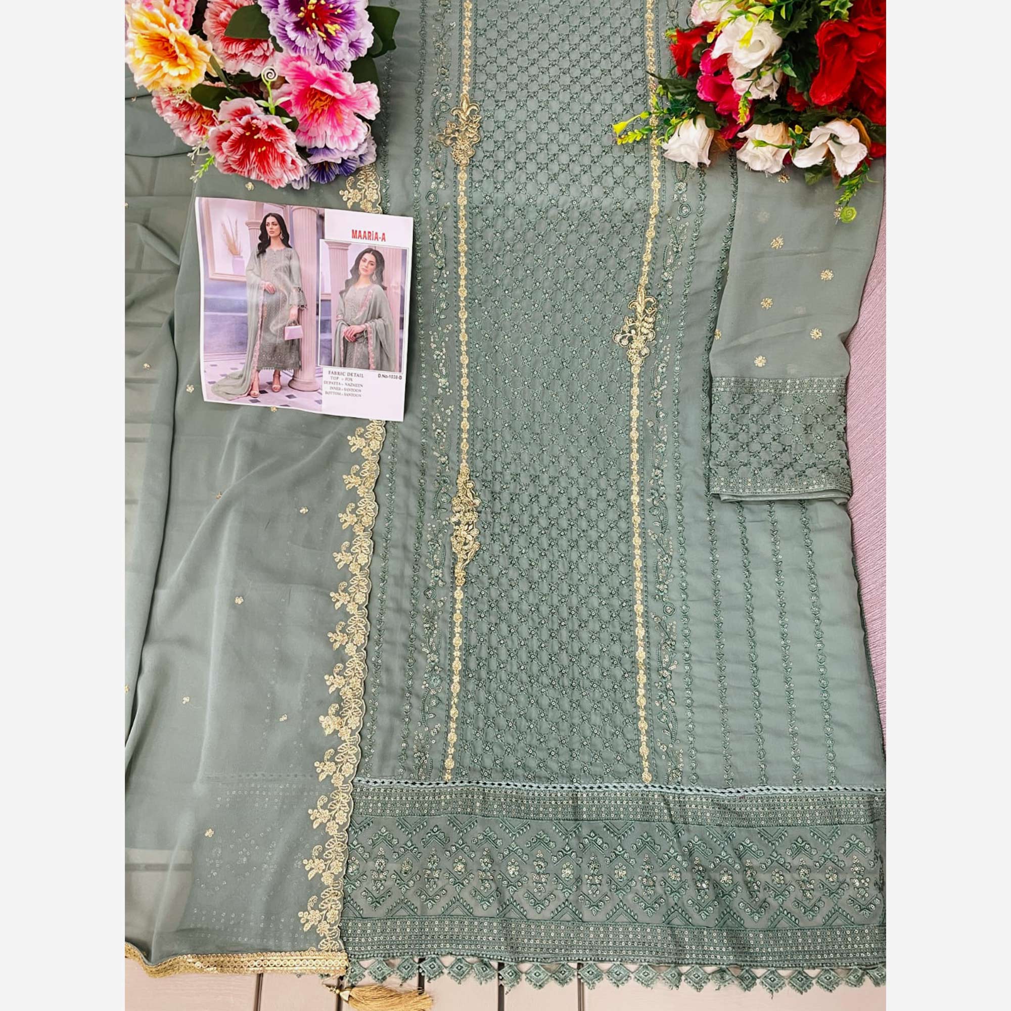 Green Floral Embroidered Georgette Semi Stitched Pakistani Suit