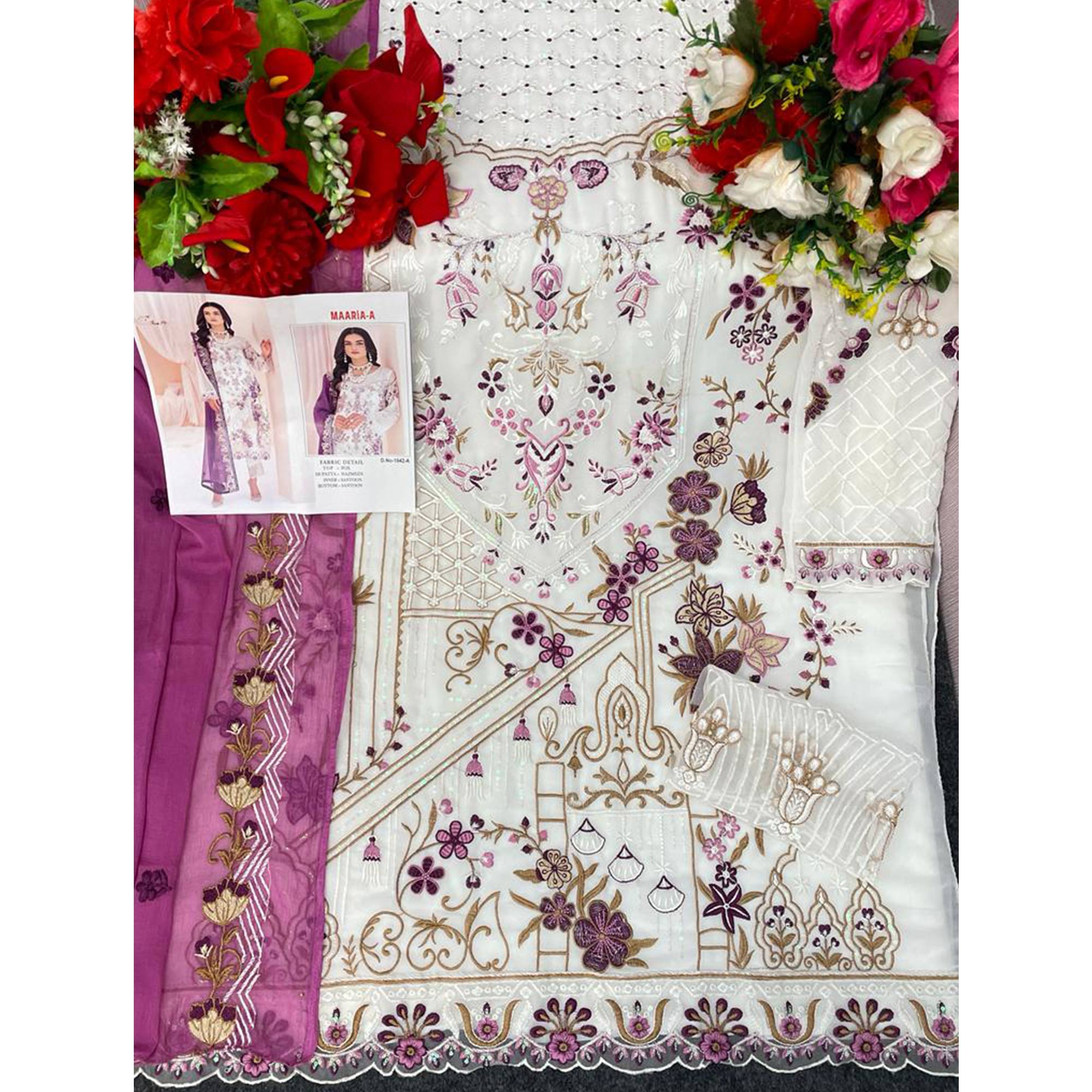 White & Purple Floral Embroidered Georgette Semi Stitched Pakistani Suit
