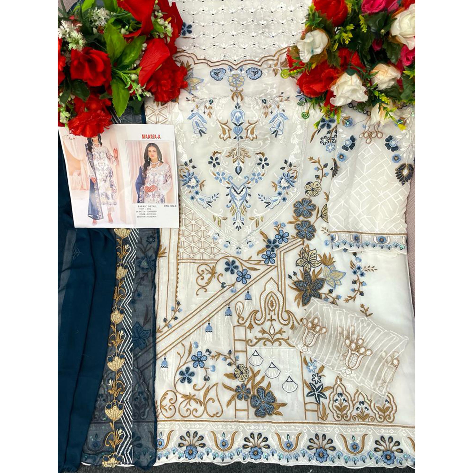 White & Blue Floral Embroidered Georgette Semi Stitched Pakistani Suit