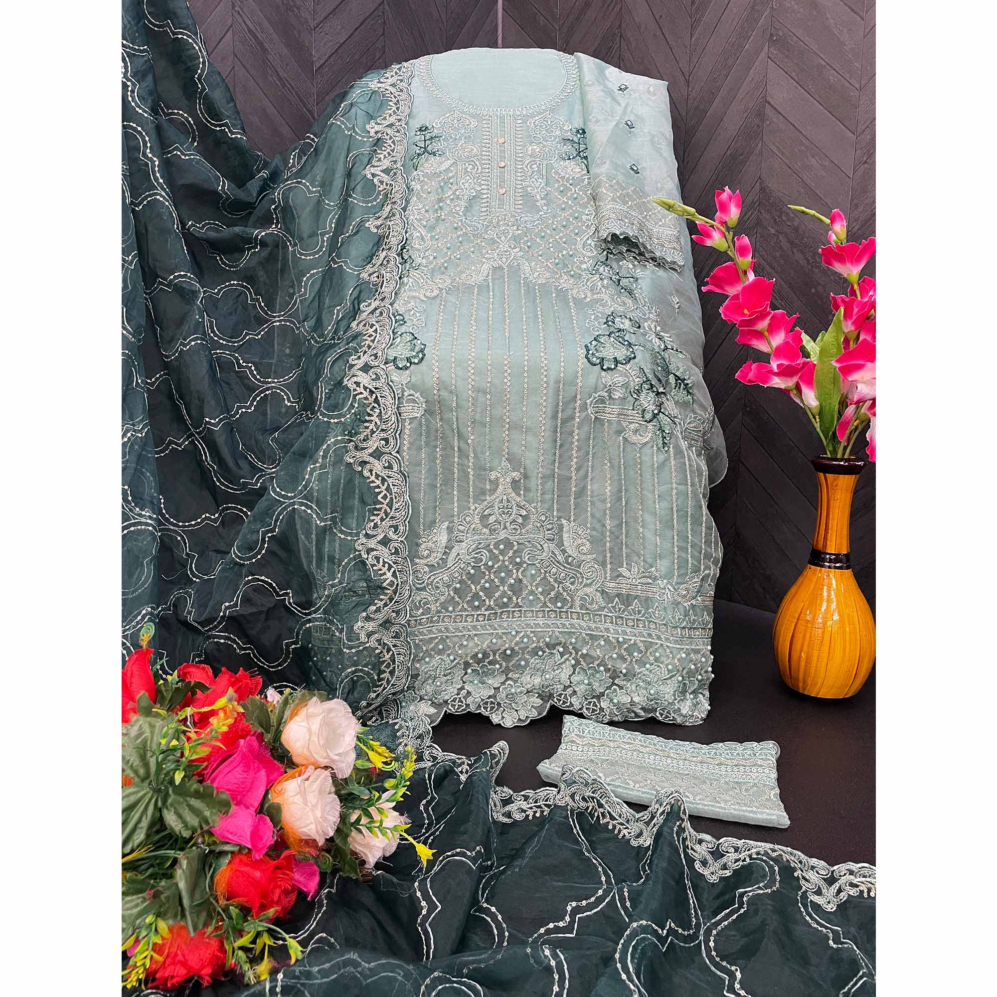 Green Floral Embroidered Organza Semi Stitched Pakistani Suit