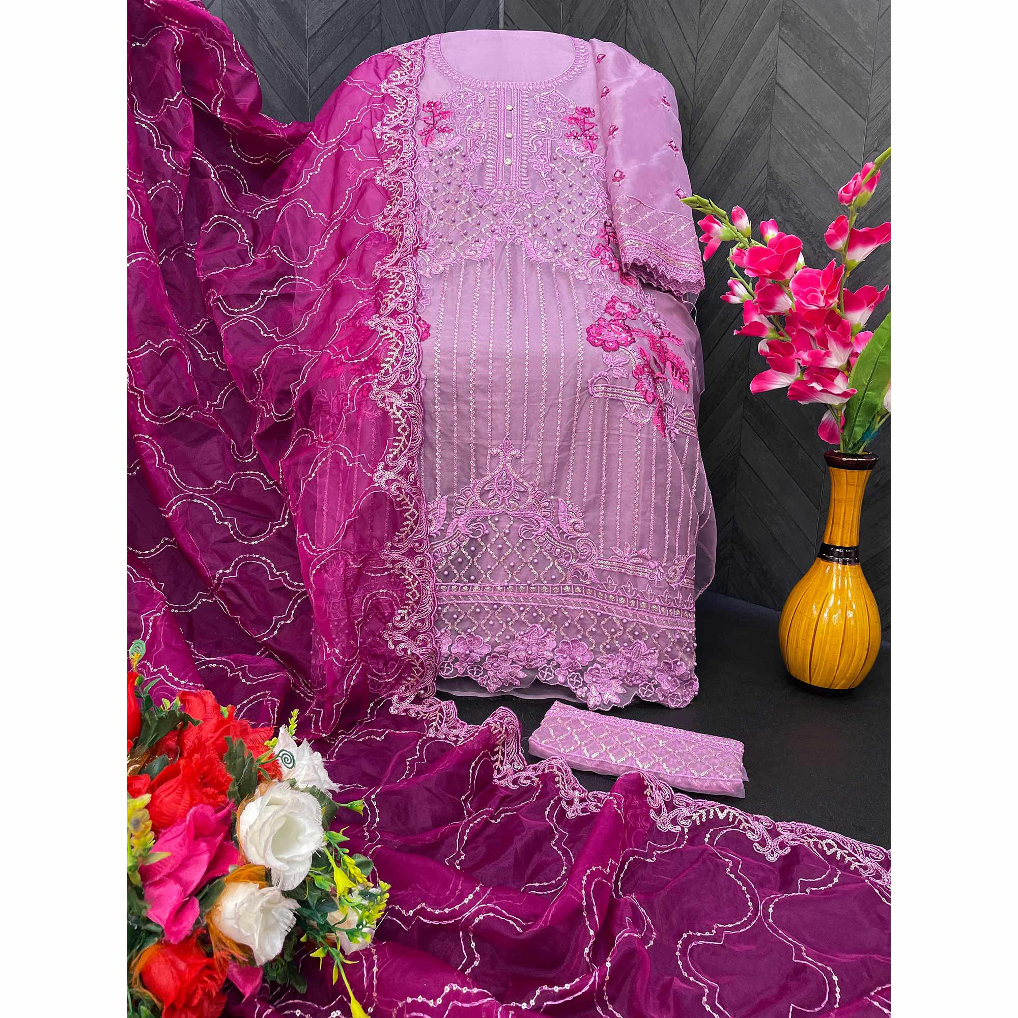 Purple Floral Embroidered Organza Semi Stitched Pakistani Suit