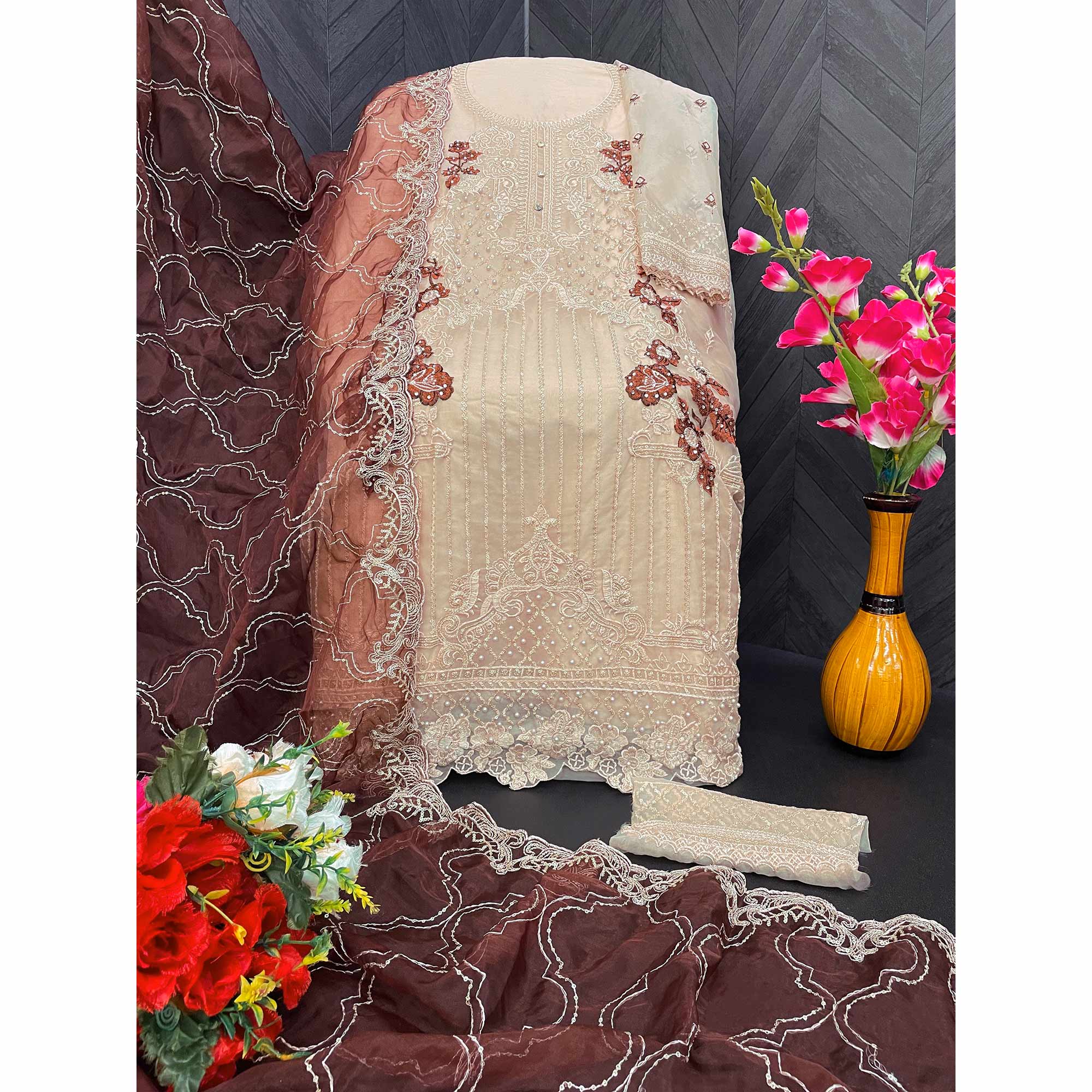 Beige Floral Embroidered Organza Semi Stitched Pakistani Suit