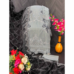 Grey Floral Embroidered Organza Semi Stitched Pakistani Suit