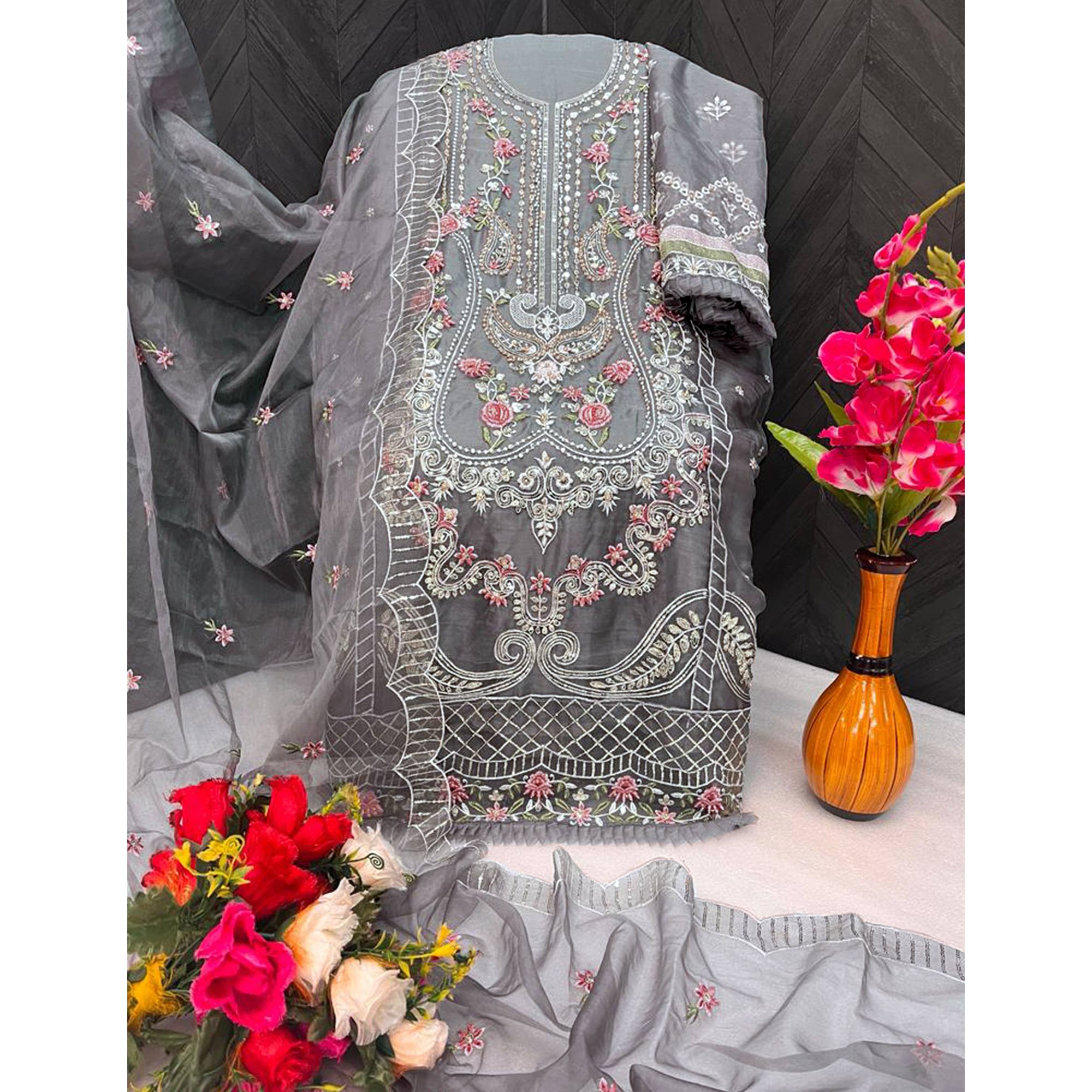 Grey Floral Embroidered Organza Semi Stitched Pakistani Suit