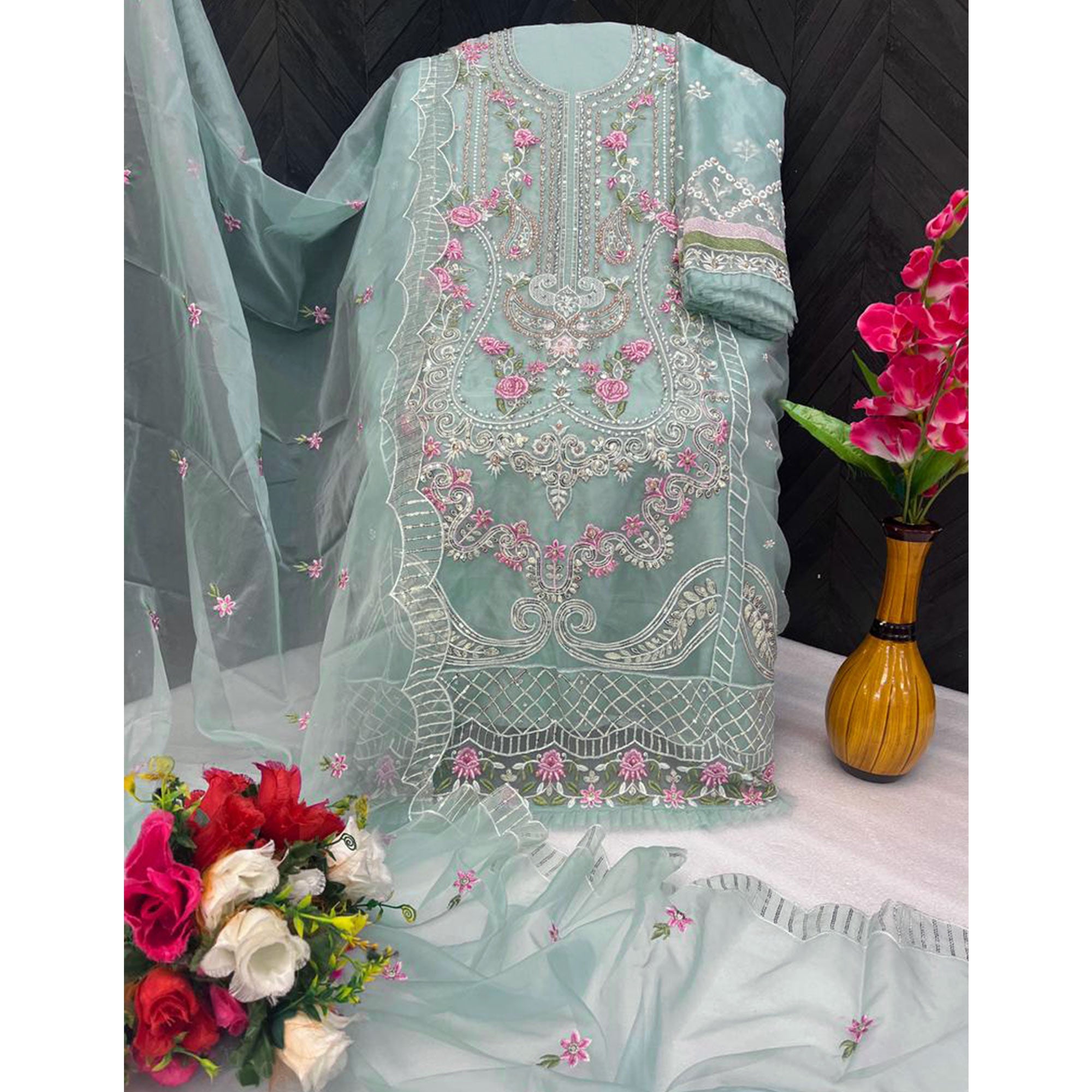 Blue Floral Embroidered Organza Semi Stitched Pakistani Suit