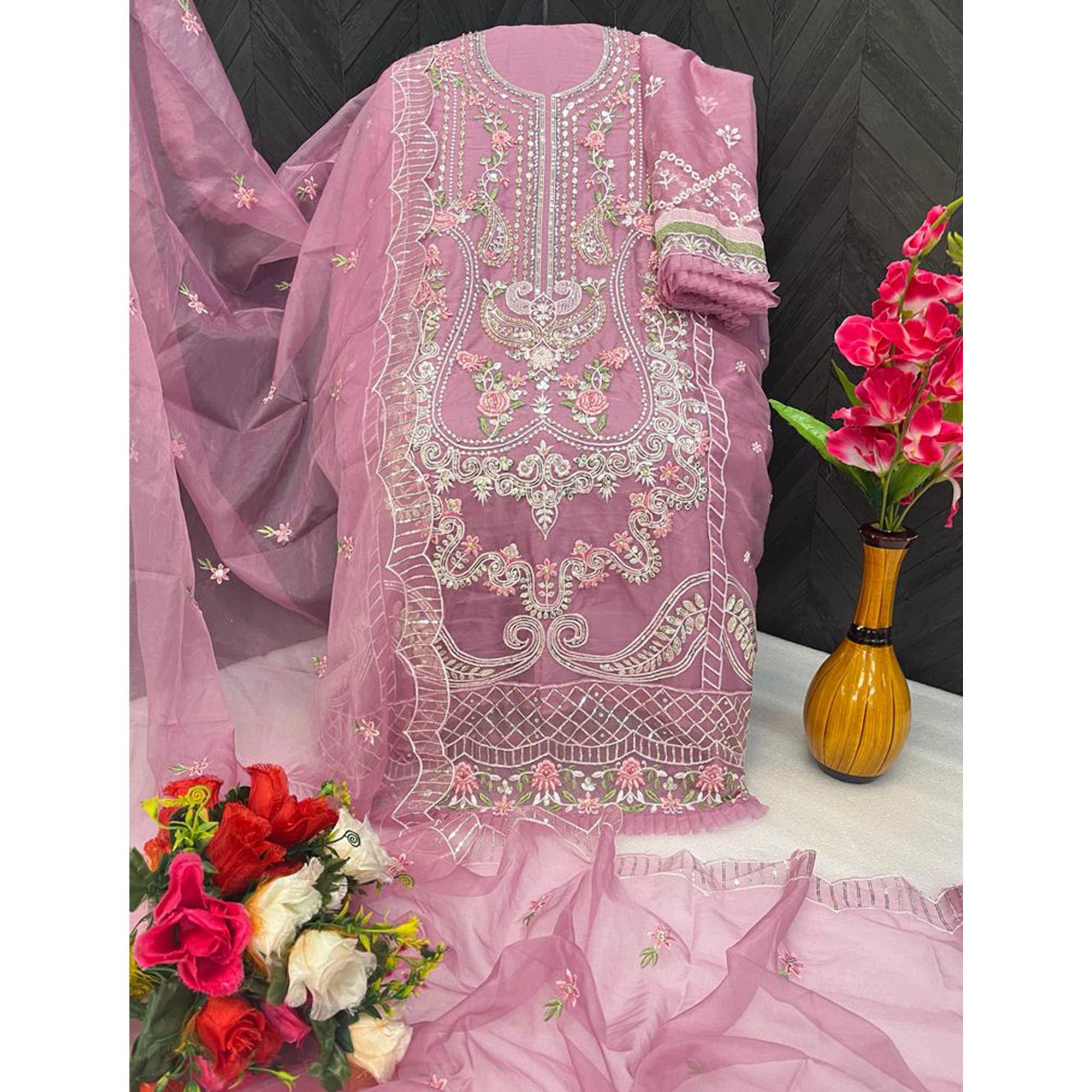 Pink Floral Embroidered Organza Semi Stitched Pakistani Suit