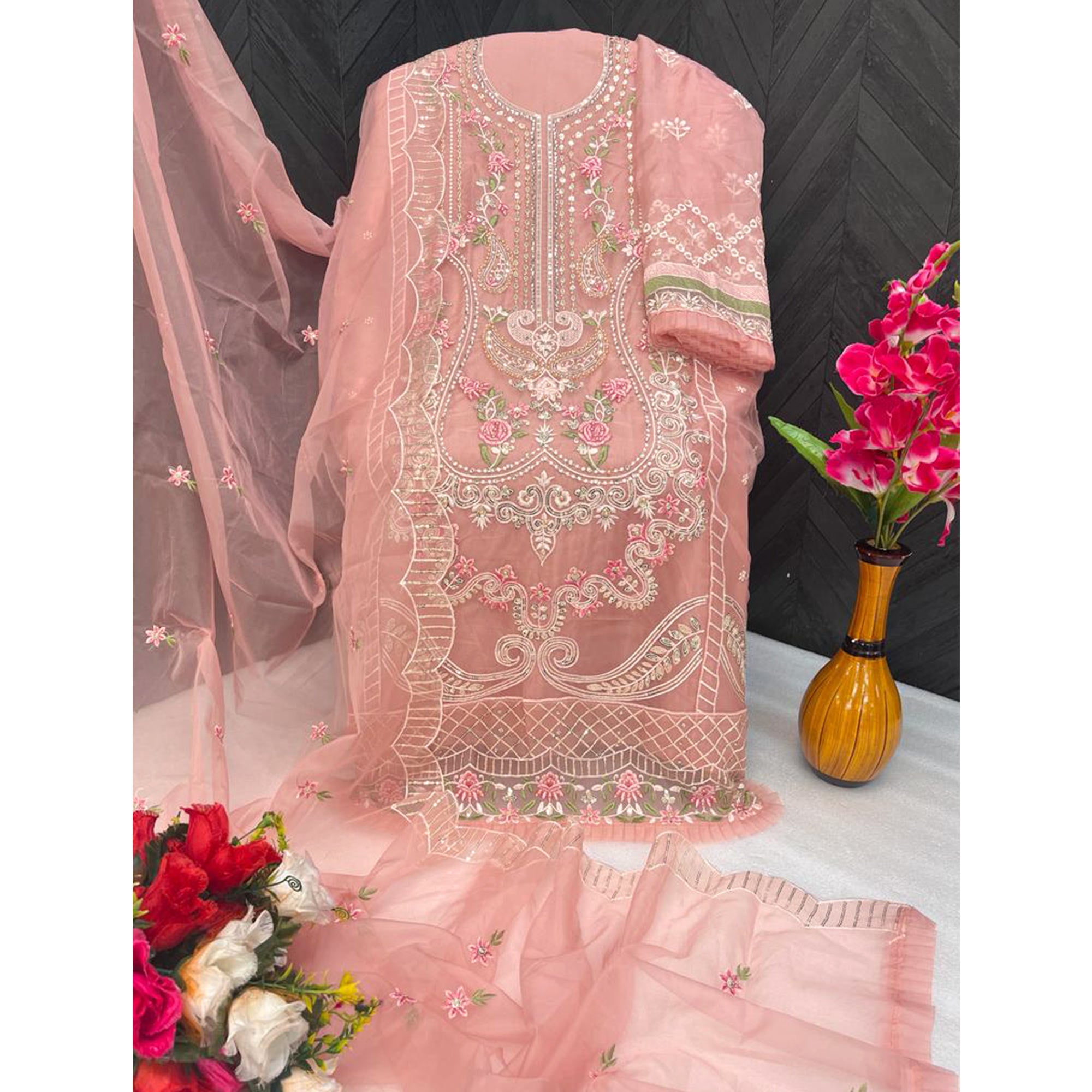 Peach Floral Embroidered Organza Semi Stitched Pakistani Suit