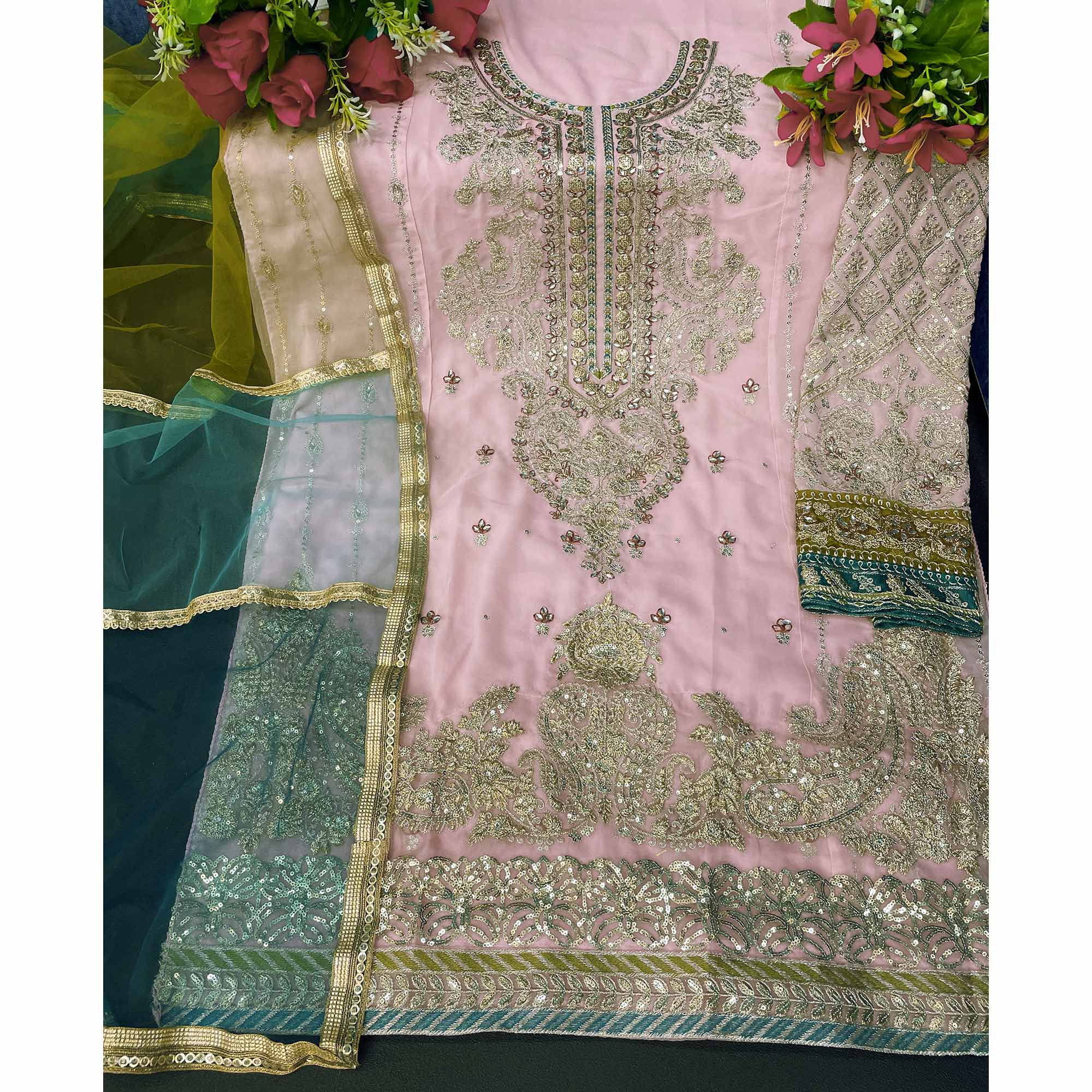 Pink Floral Embroidered Georgette Pakistani Suit