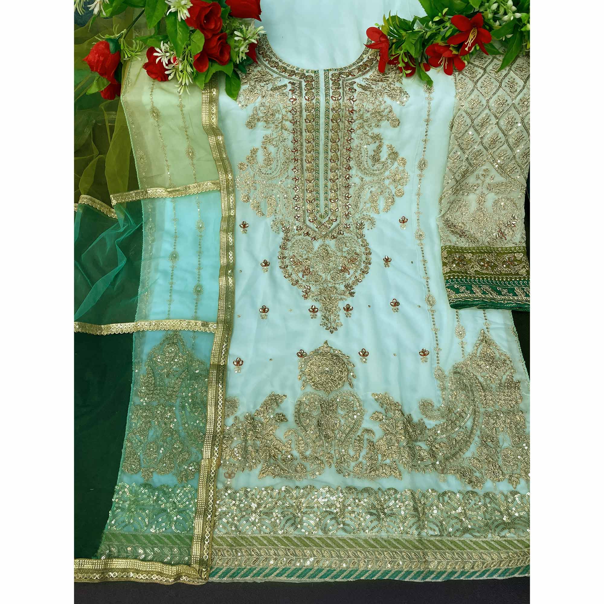 Sky Blue Floral Embroidered Georgette Pakistani Suit
