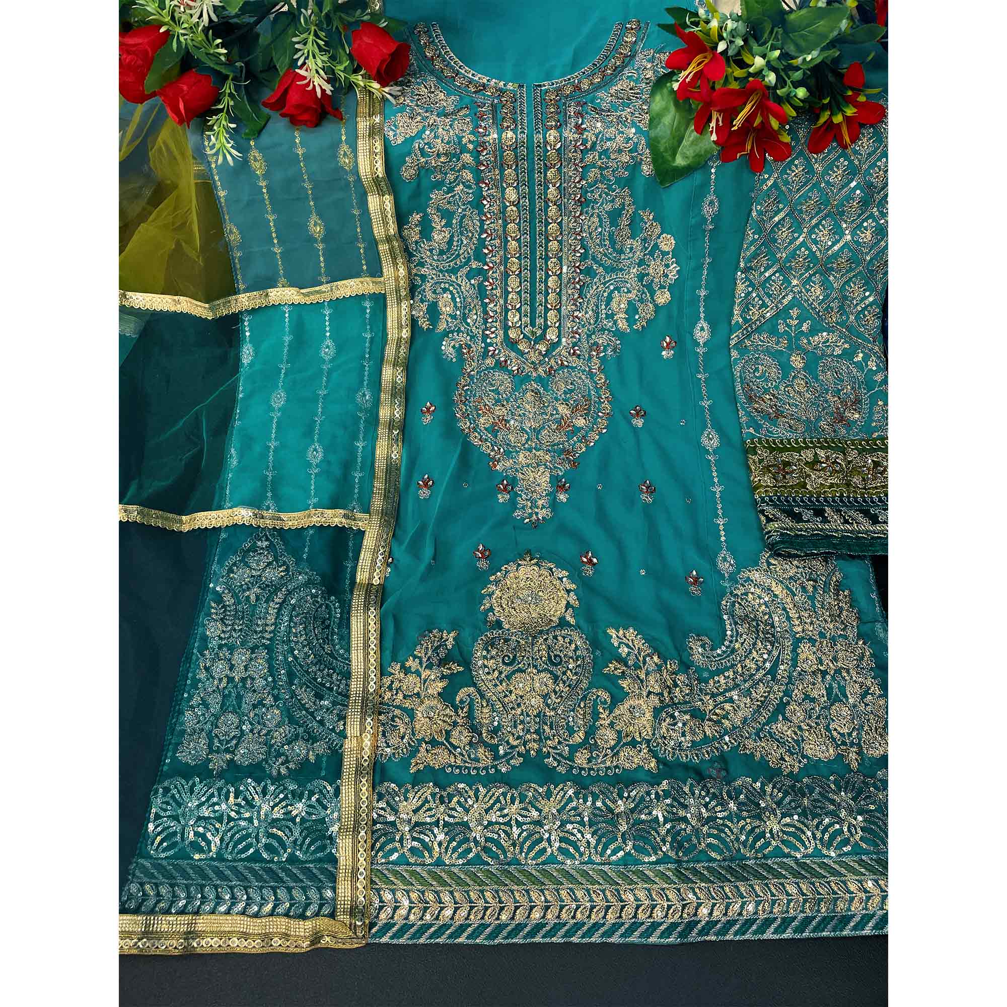 Teal Green Floral Embroidered Georgette Pakistani Suit