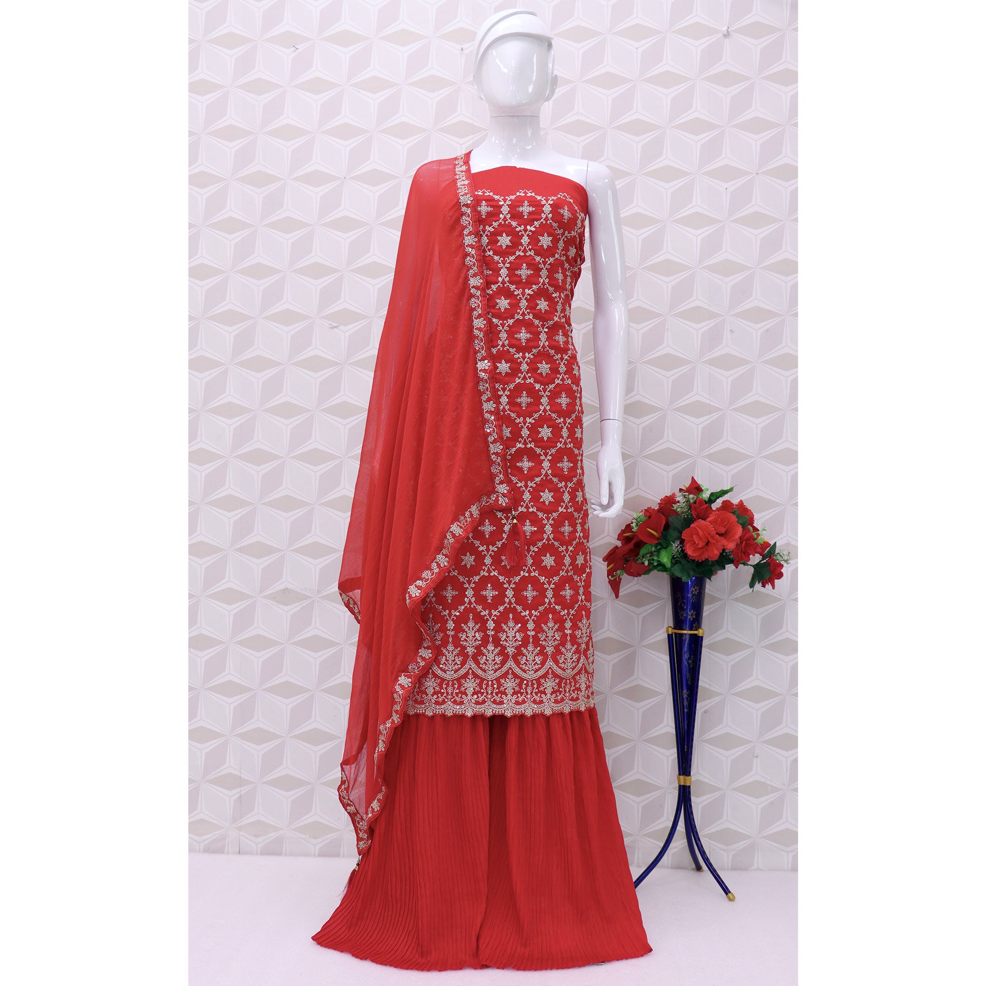 Red Embroidered Georgette Semi Stitched Suit