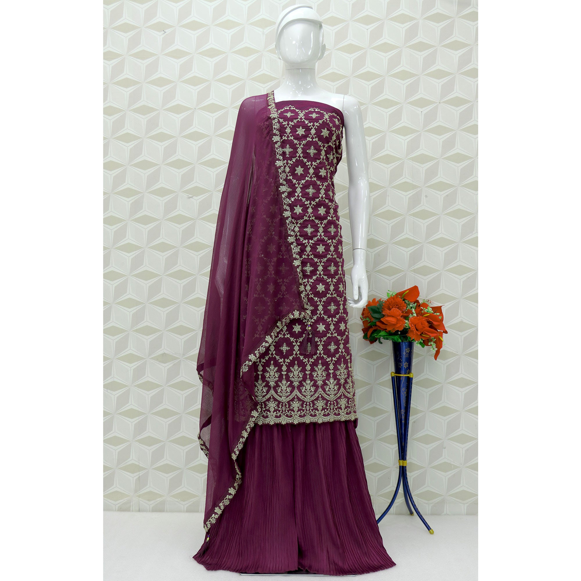 Purple Embroidered Georgette Semi Stitched Suit
