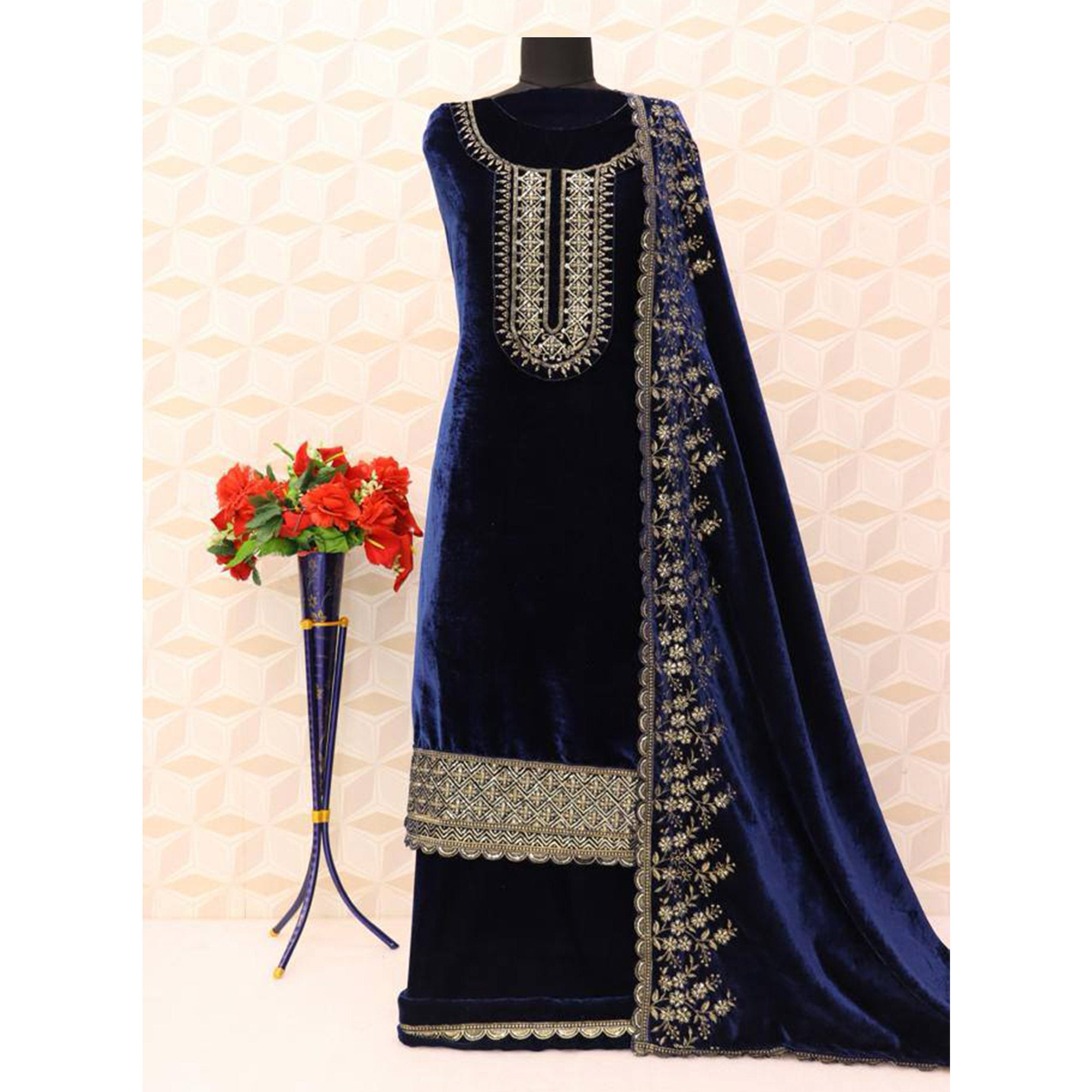 Blue Floral Embroidered Velvet Semi Stitched Suit