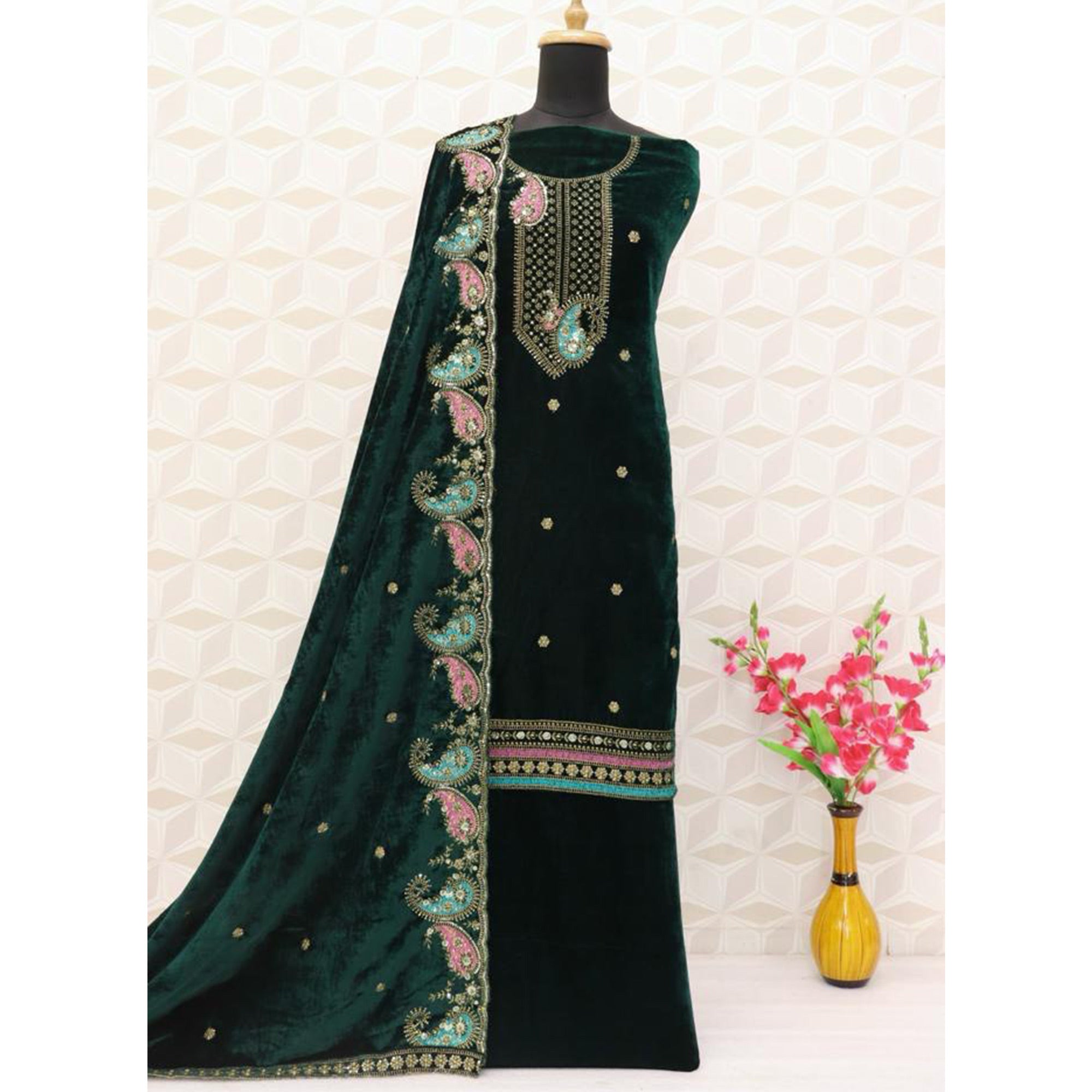 Green Floral Embroidered Velvet Semi Stitched Salwar Suit