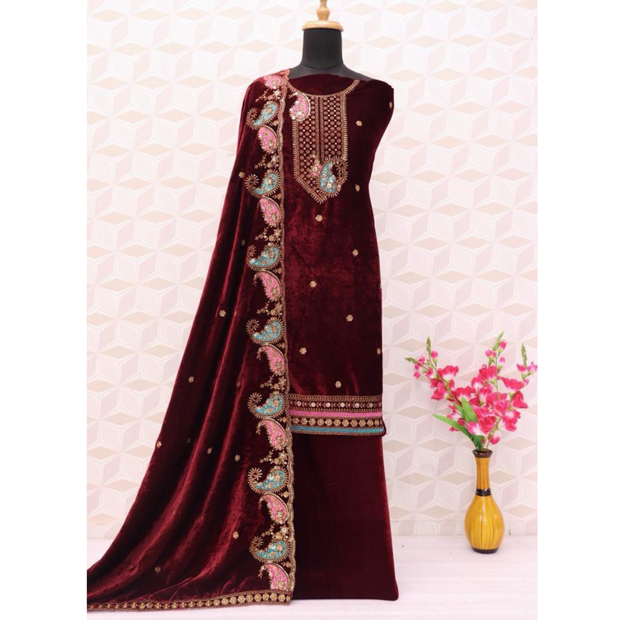 Maroon Floral Embroidered Velvet Semi Stitched Salwar Suit