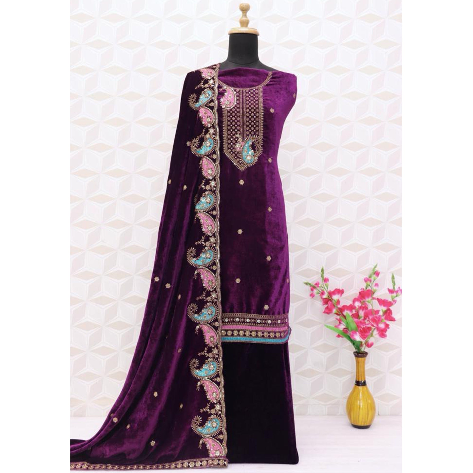 Purple Floral Embroidered Velvet Semi Stitched Salwar Suit