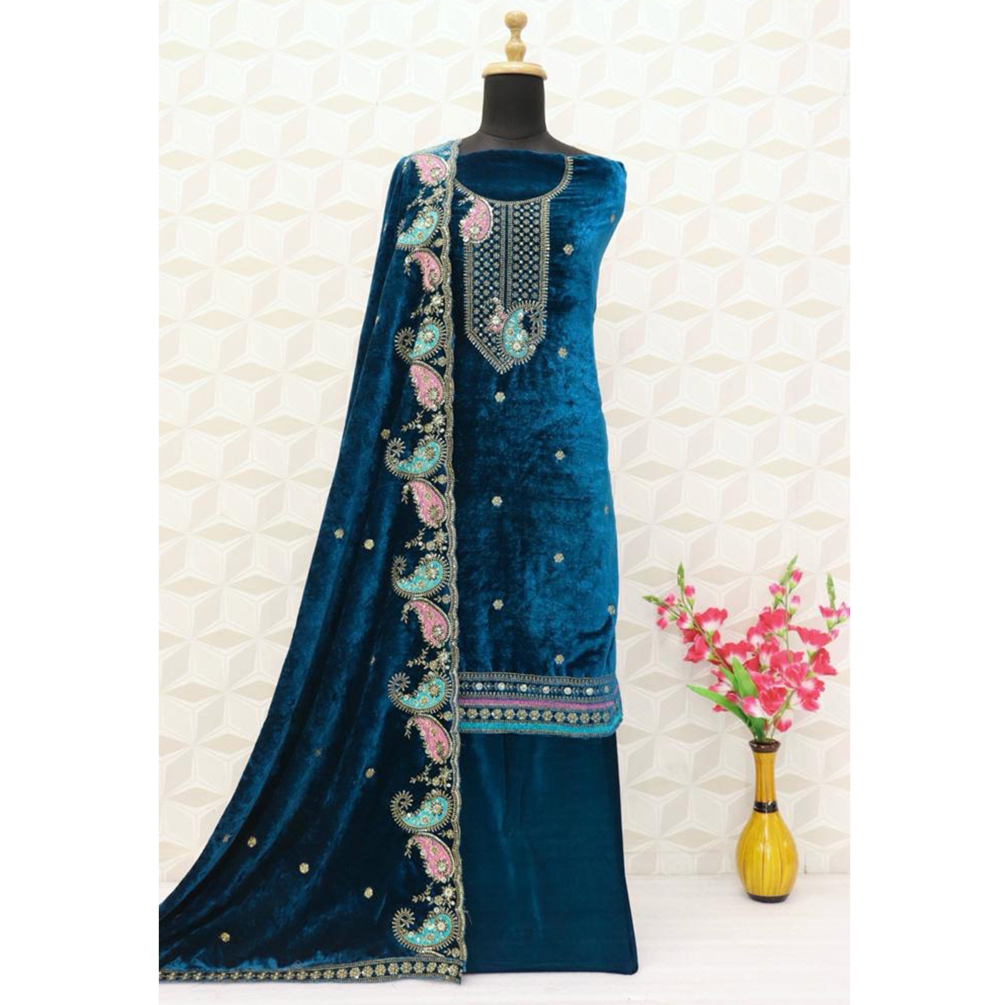 Teal Blue Floral Embroidered Velvet Semi Stitched Salwar Suit