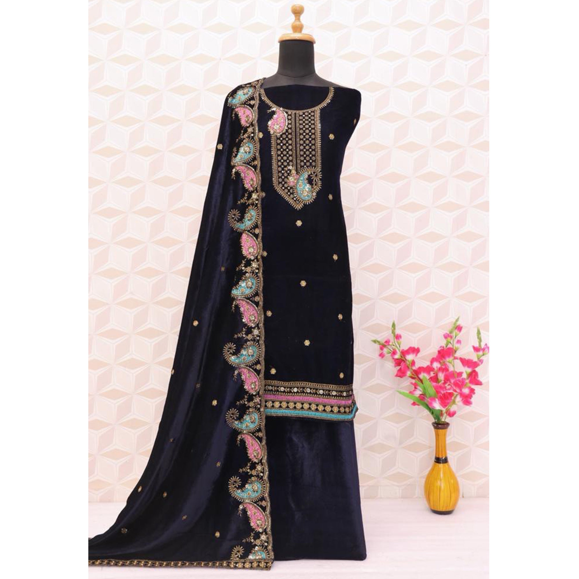 Navy Blue Floral Embroidered Velvet Semi Stitched Salwar Suit