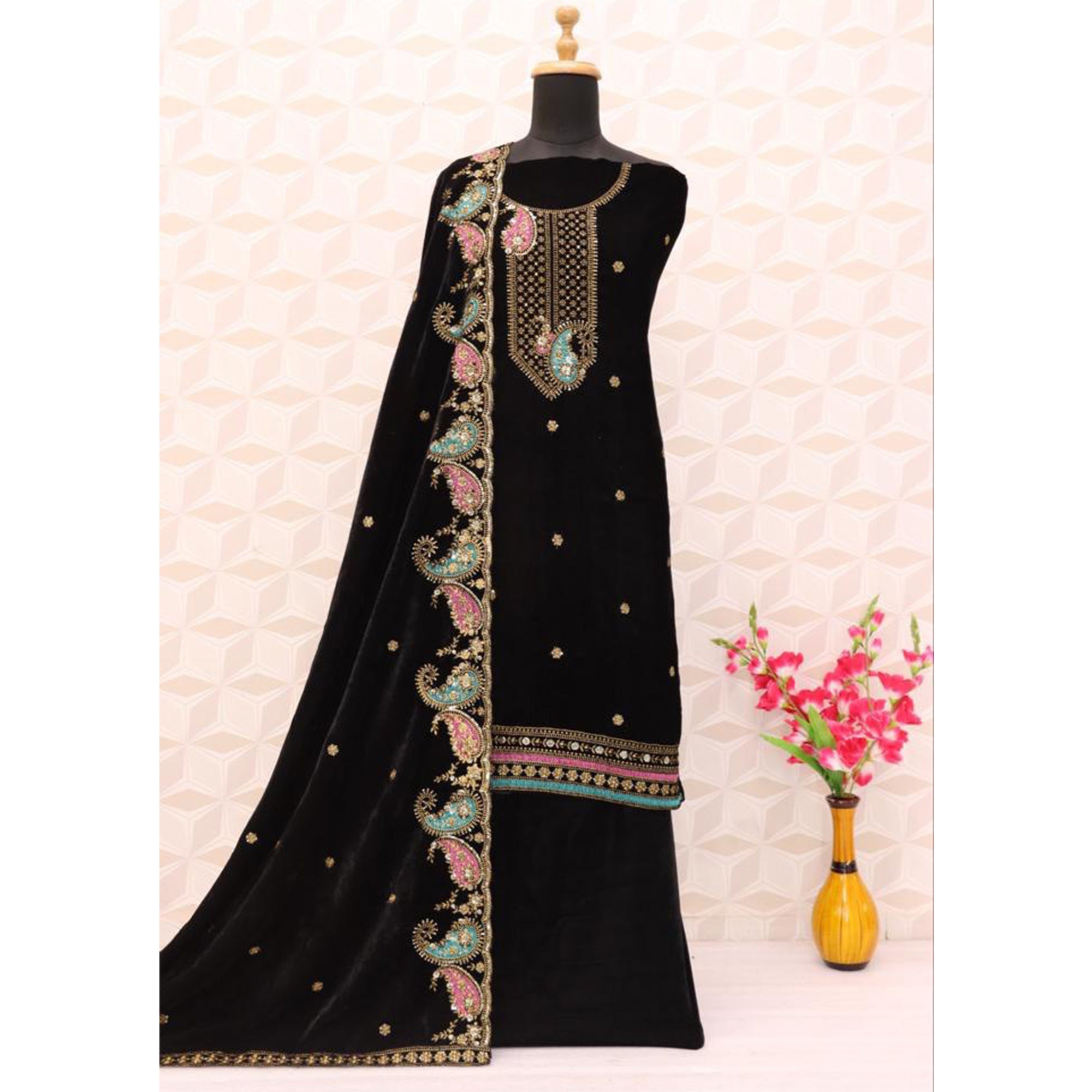 Black Floral Embroidered Velvet Semi Stitched Salwar Suit