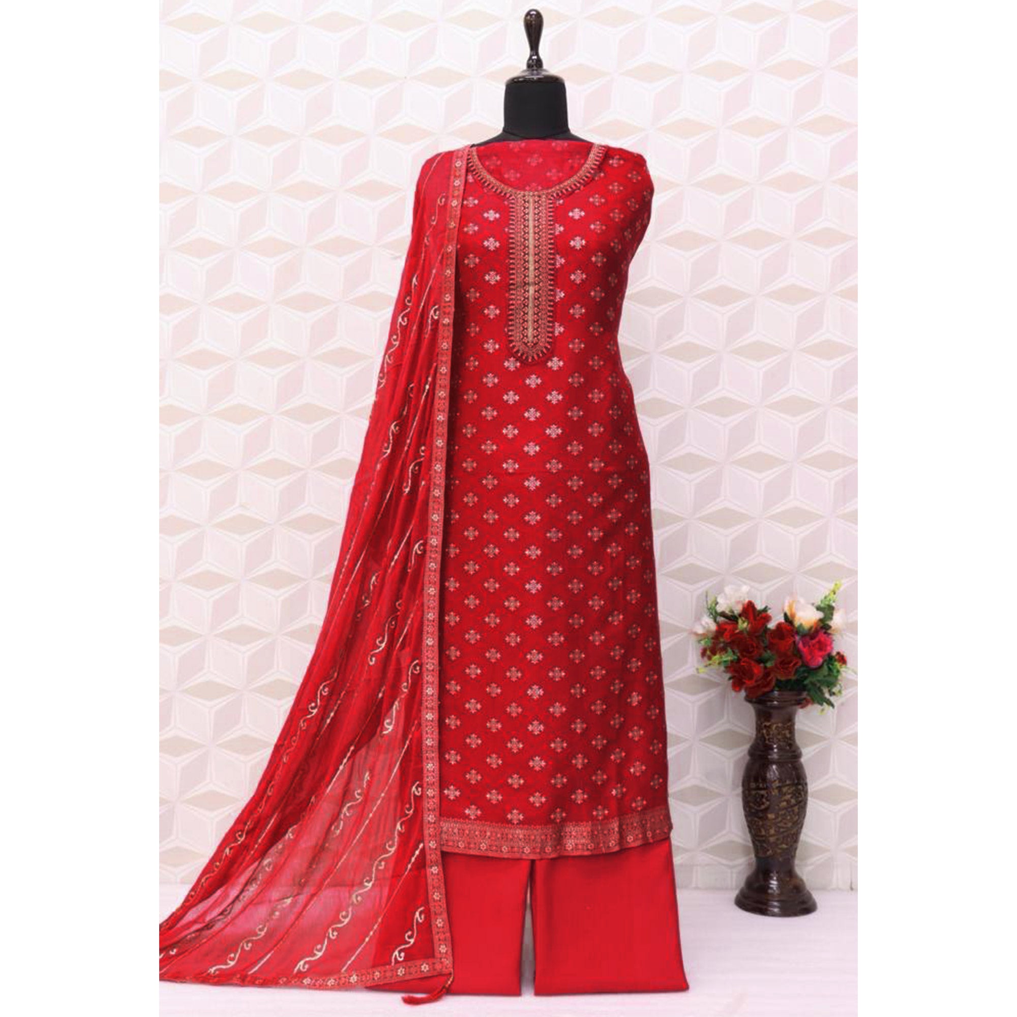 Red Floral Woven Jacquard Semi Stitched Salwar Suit