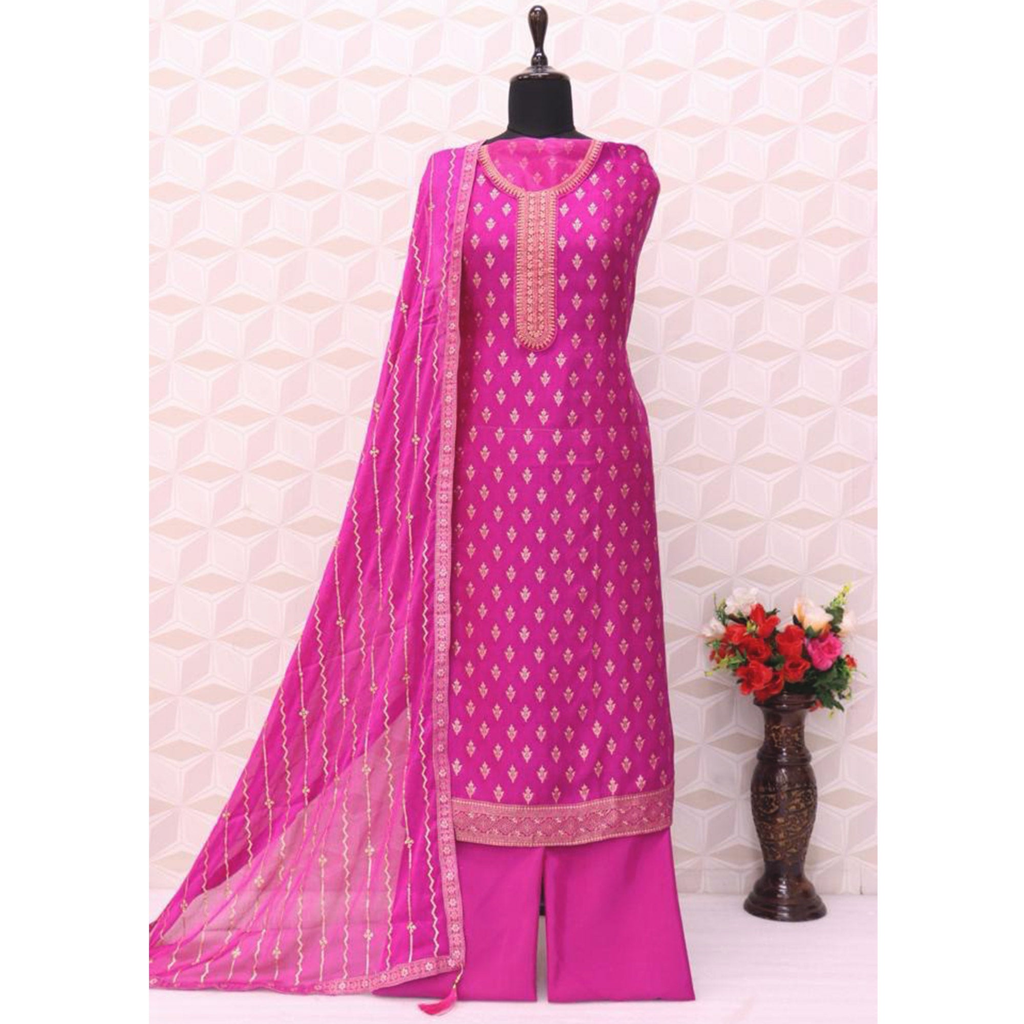 Rani Pink Floral Woven Jacquard Semi Stitched Salwar Suit