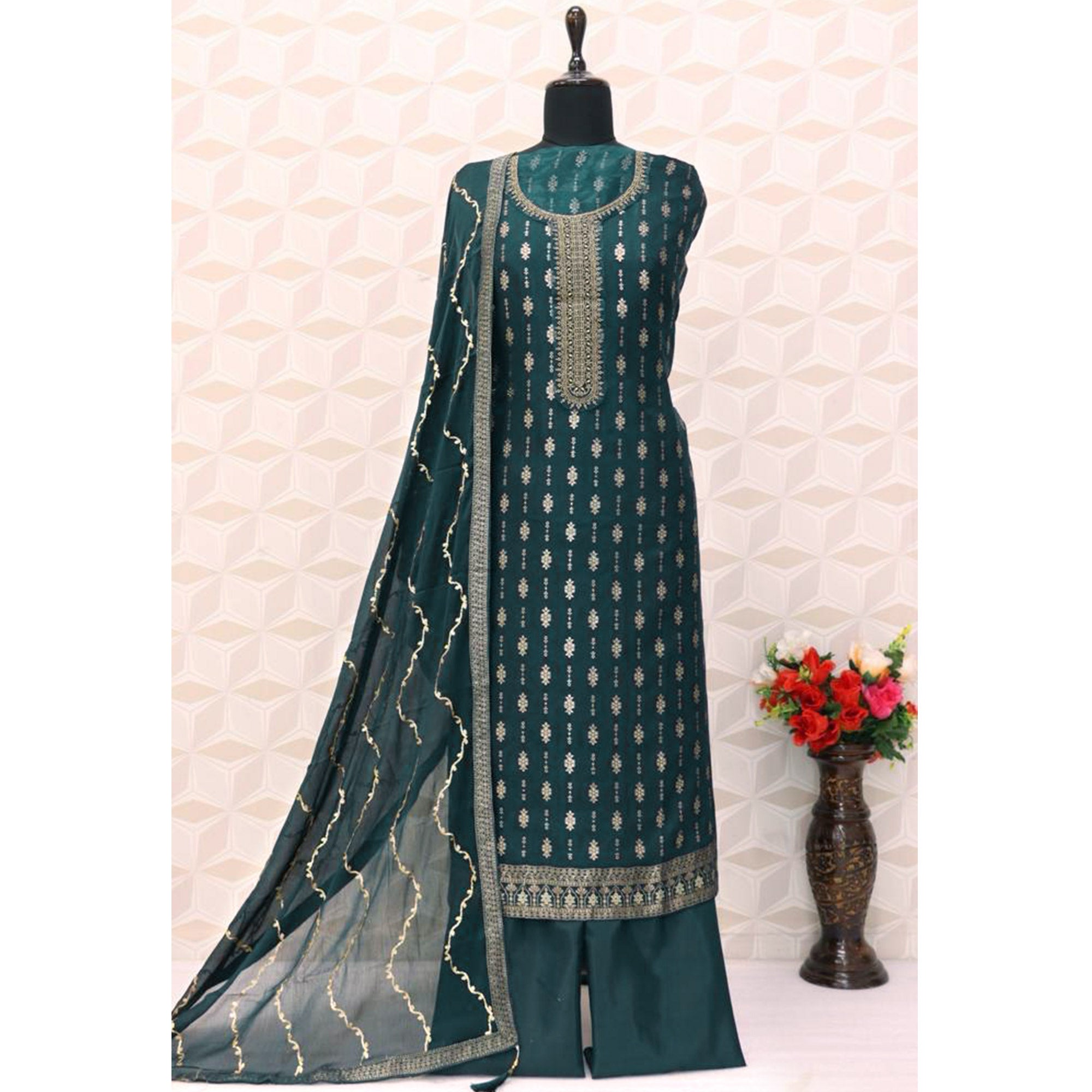 Teal Floral Woven Jacquard Semi Stitched Salwar Suit