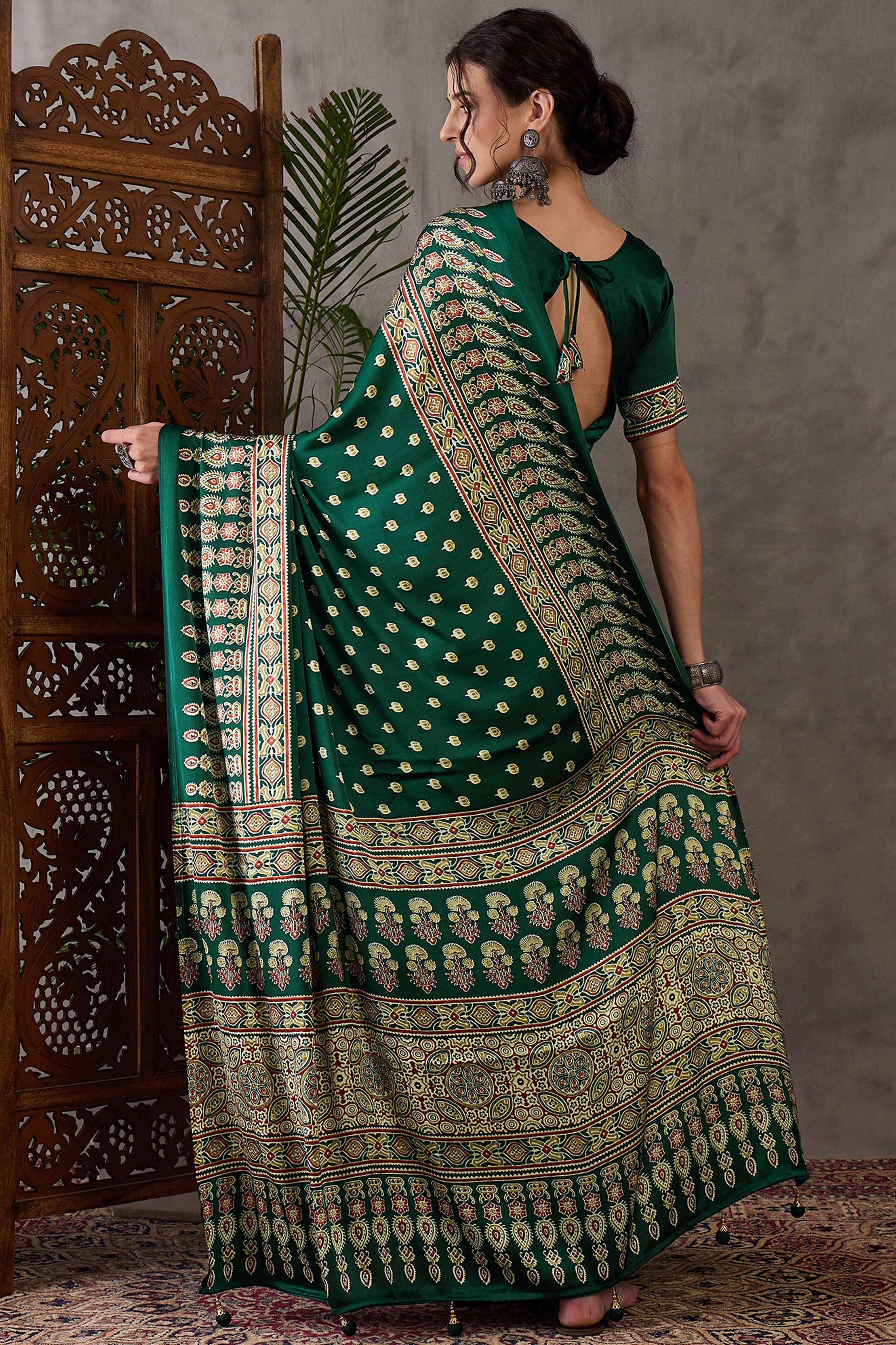 Green Ajrakh Inspired Printed Modal Satin Saree for Party Occasions