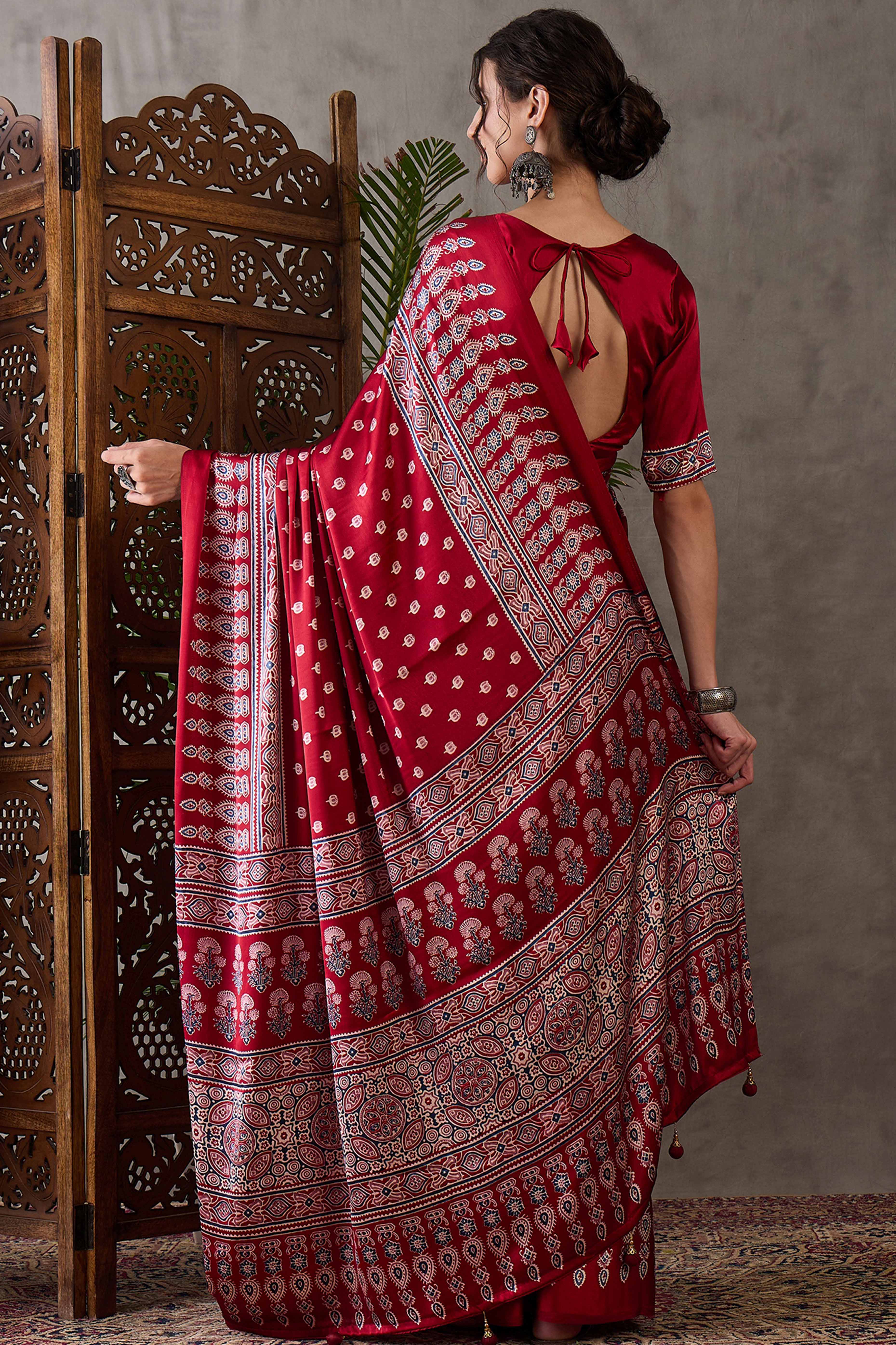 Red Ajrakh Inspired Printed Modal Satin Saree for Party Occasions