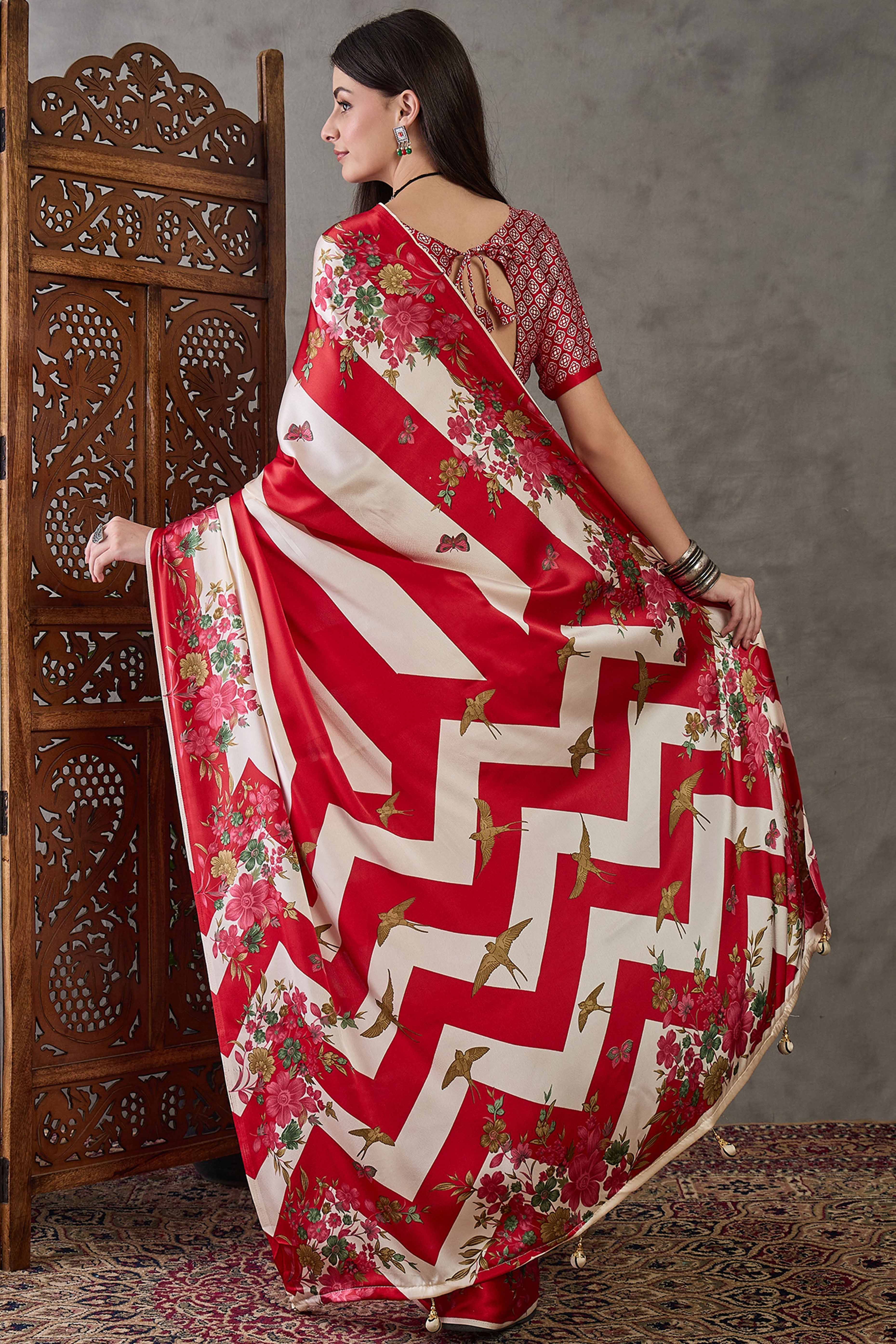 Red Floral Printed Modal Satin Party Wear Saree with a Smooth Satin Finish