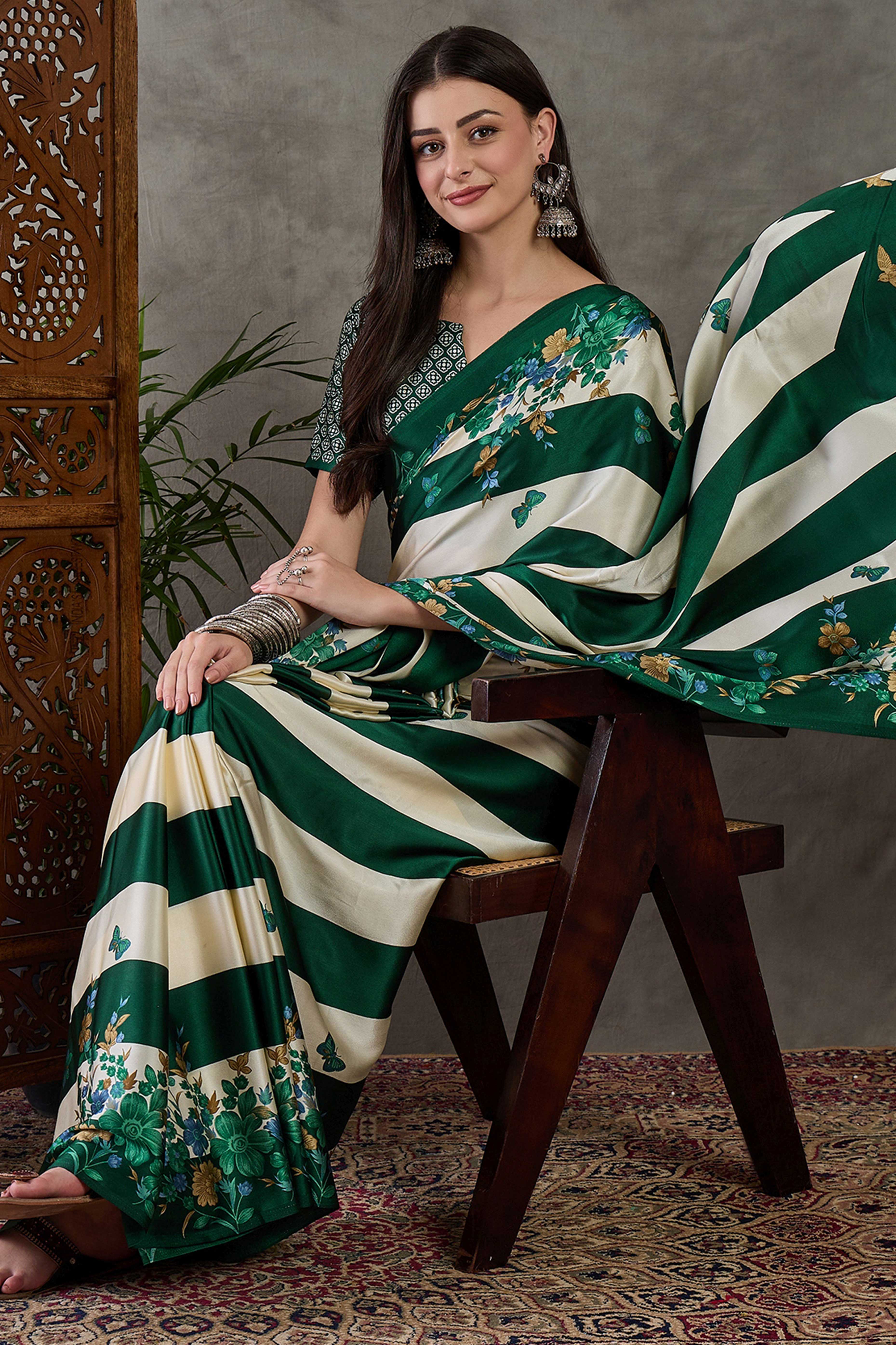 Green Floral Printed Modal Satin Party Wear Saree with a Smooth Satin Finish