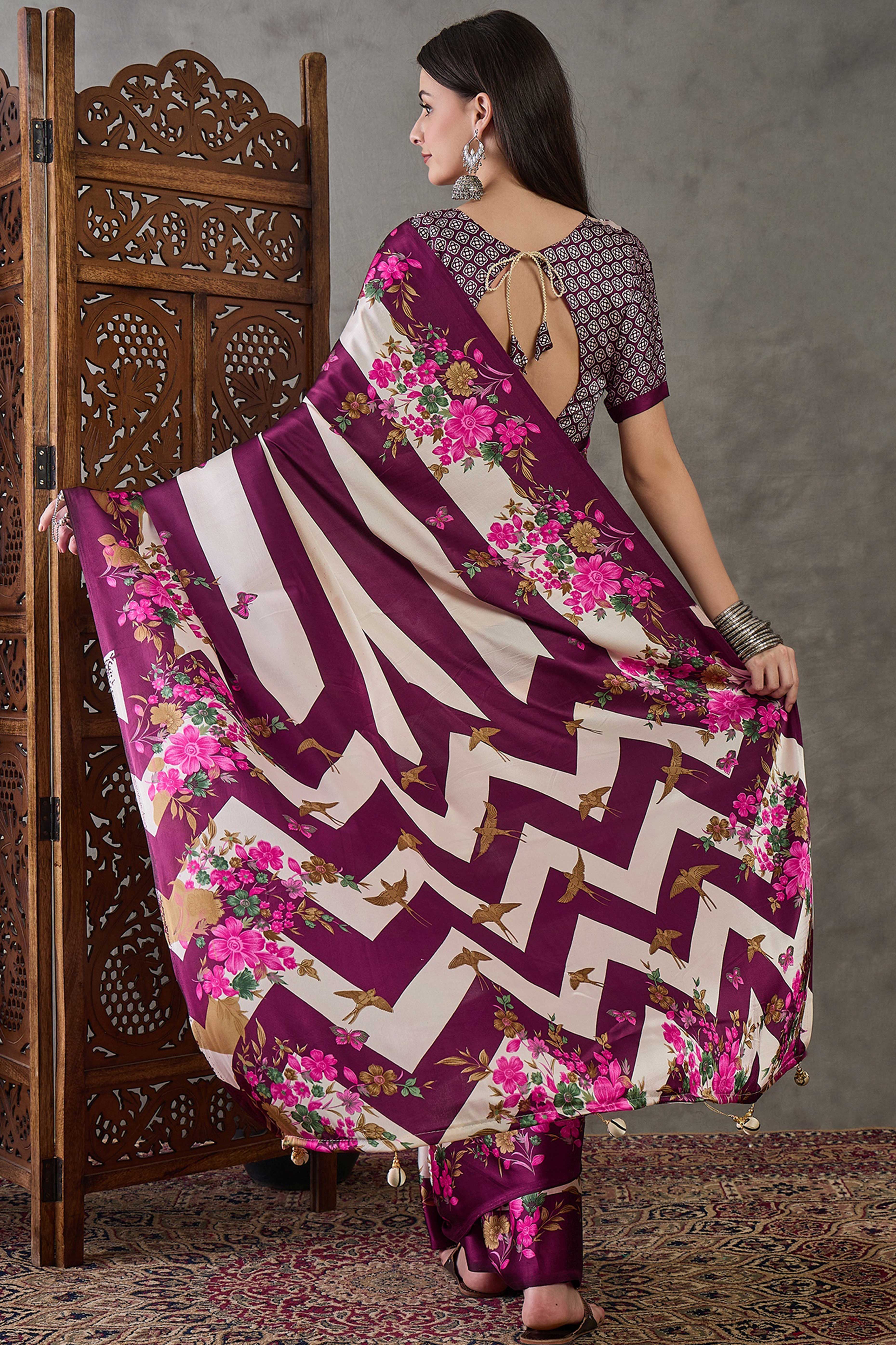 Wine Floral Printed Modal Satin Party Wear Saree with a Smooth Satin Finish