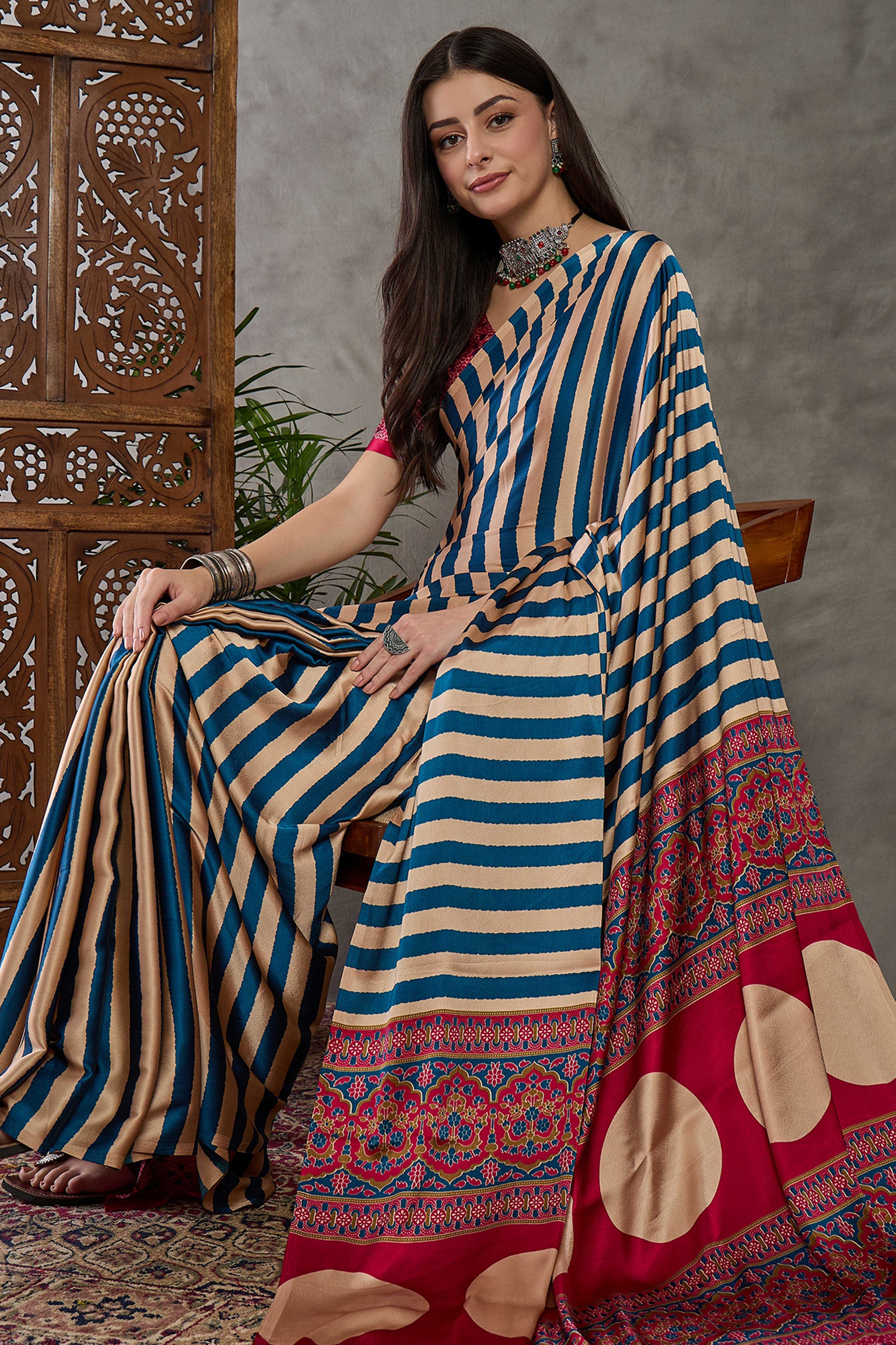 Blue Modal Satin Saree with Subtle Stripe Design and Ajrakh Print on Pallu