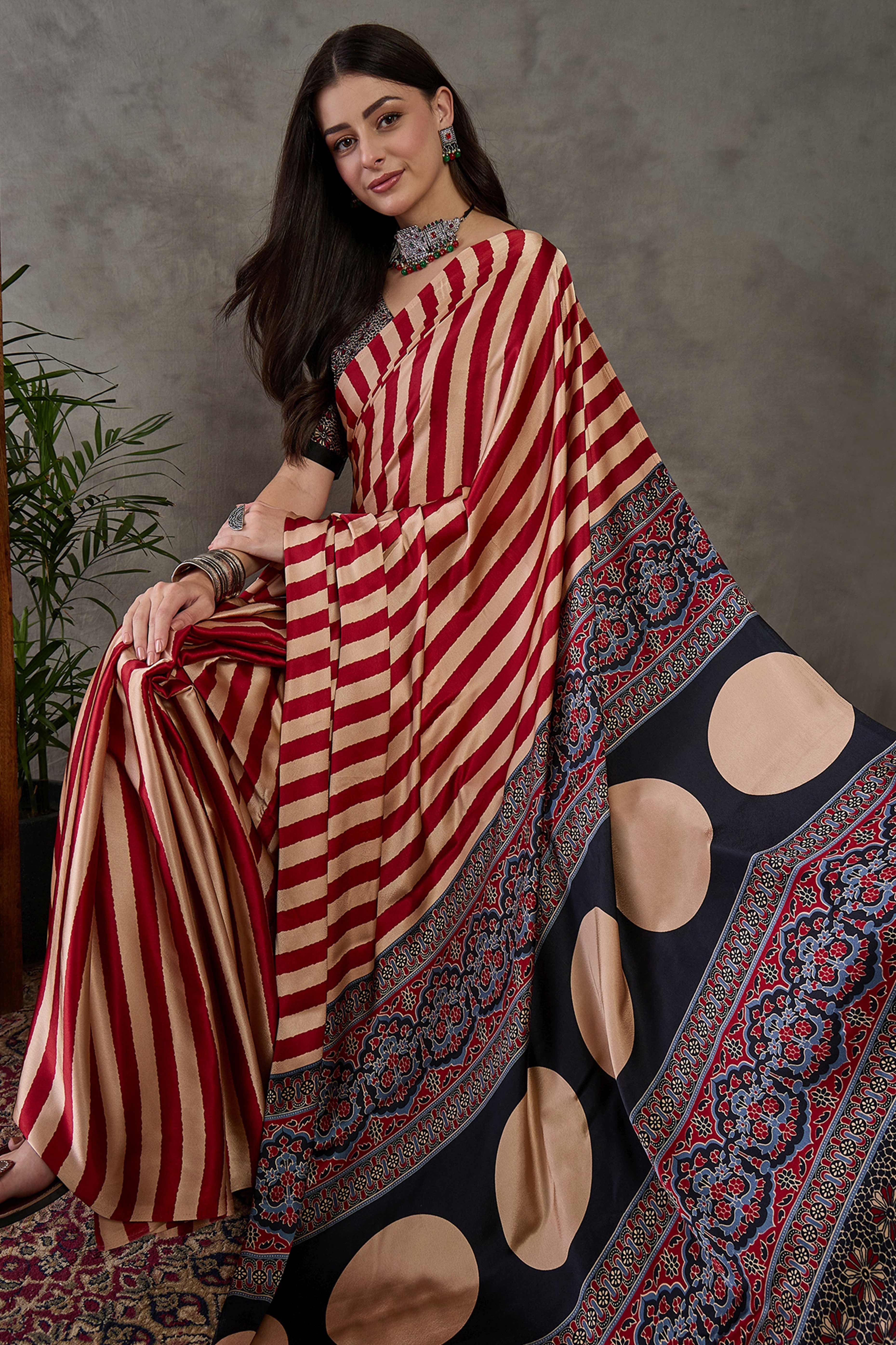 Red Modal Satin Saree with Subtle Stripe Design and Ajrakh Print on Pallu