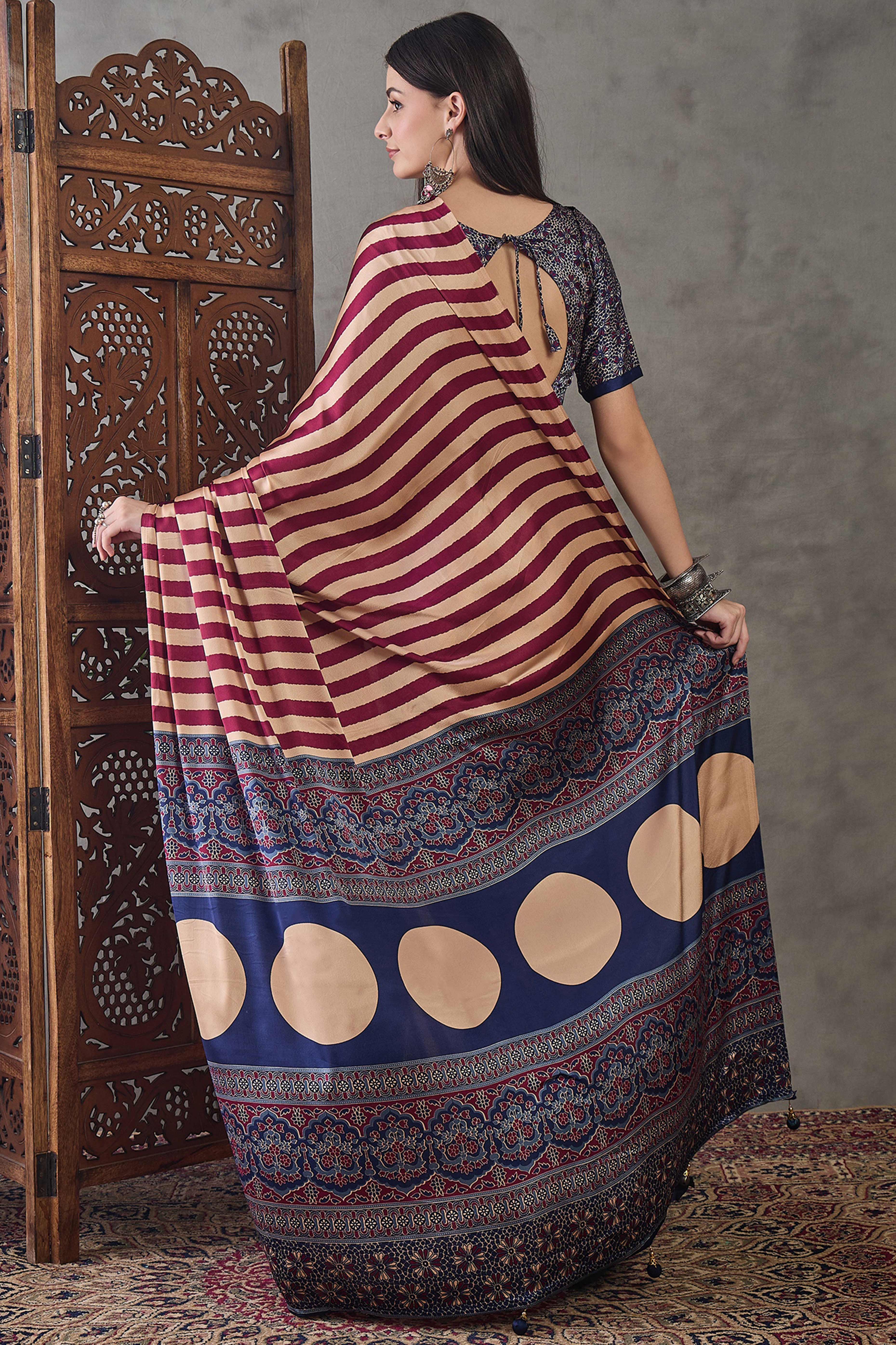 Wine Modal Satin Saree with Subtle Stripe Design and Ajrakh Print on Pallu