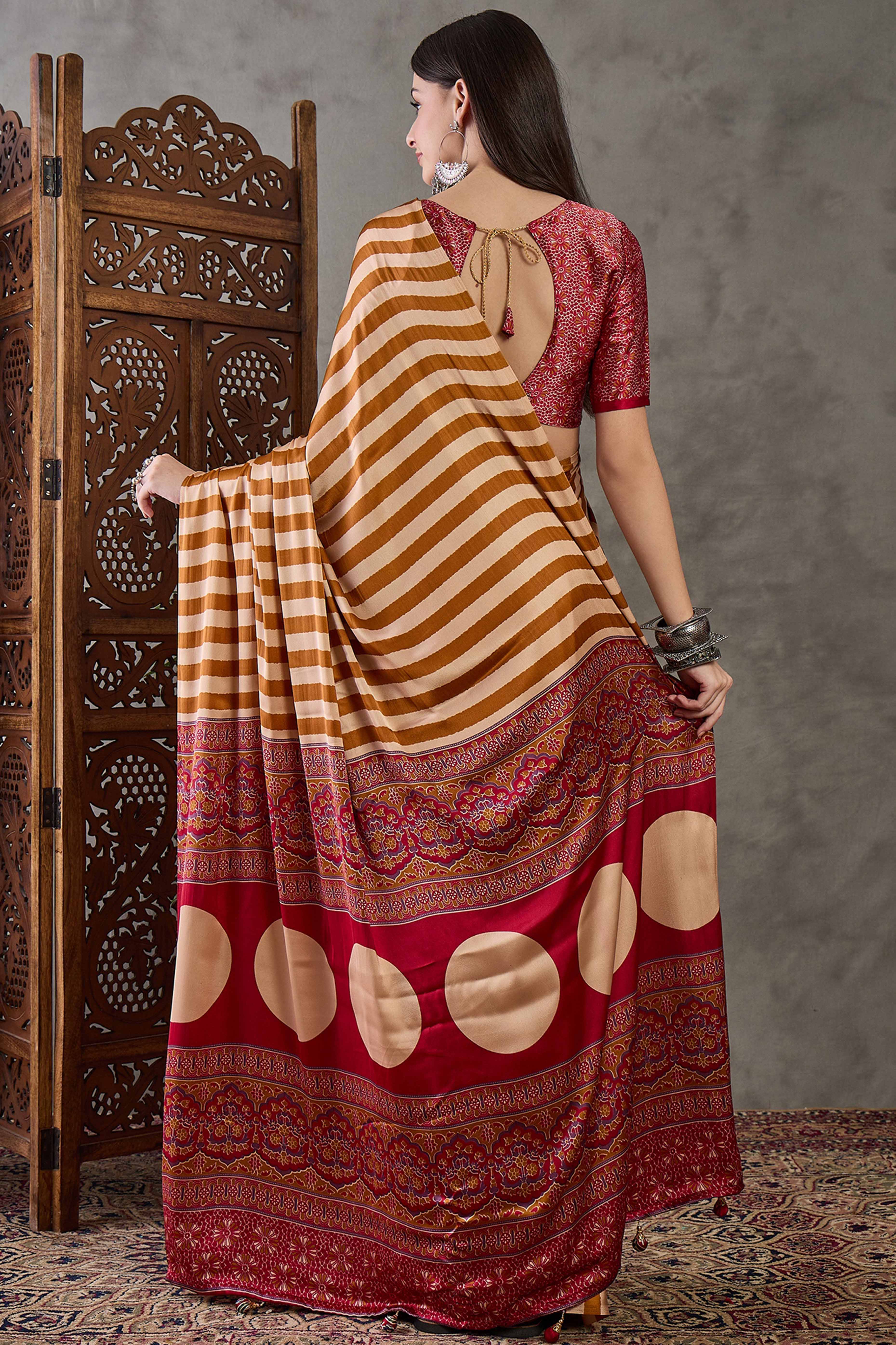 Yellow Modal Satin Saree with Subtle Stripe Design and Ajrakh Print on Pallu