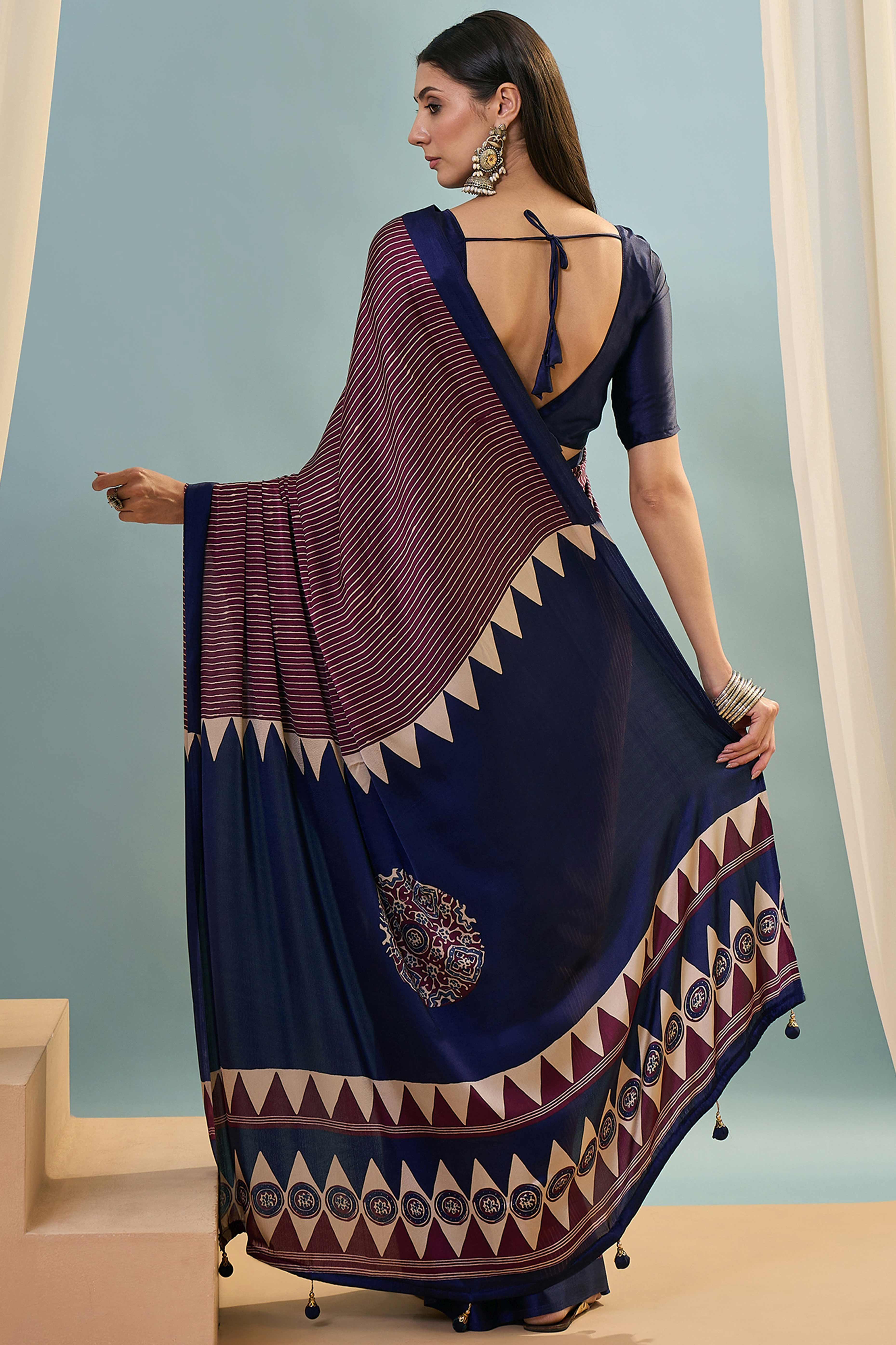 Wine Ajrakh Print Satin Saree With Traditional Charm