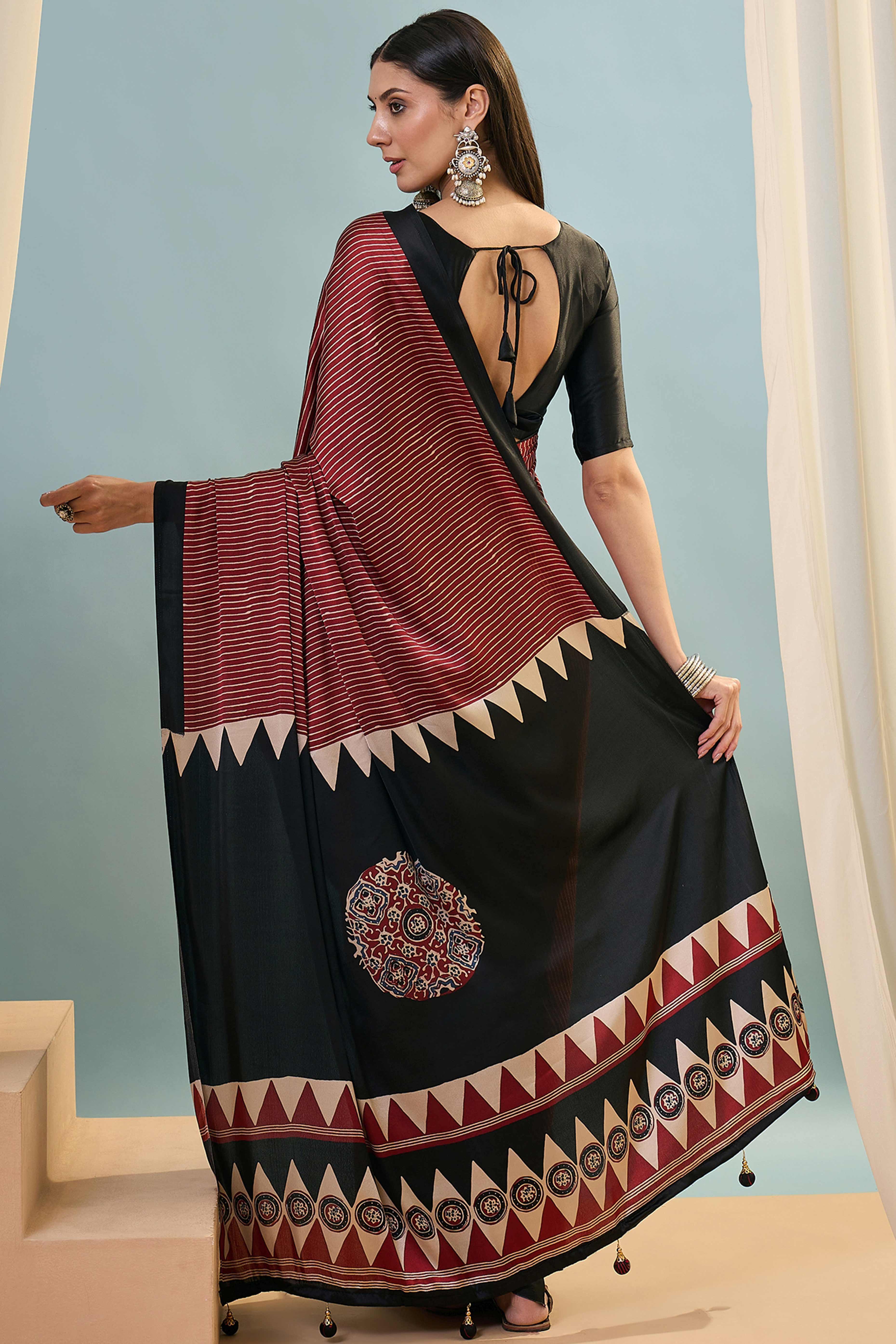 Maroon Ajrakh Print Satin Saree With Traditional Charm