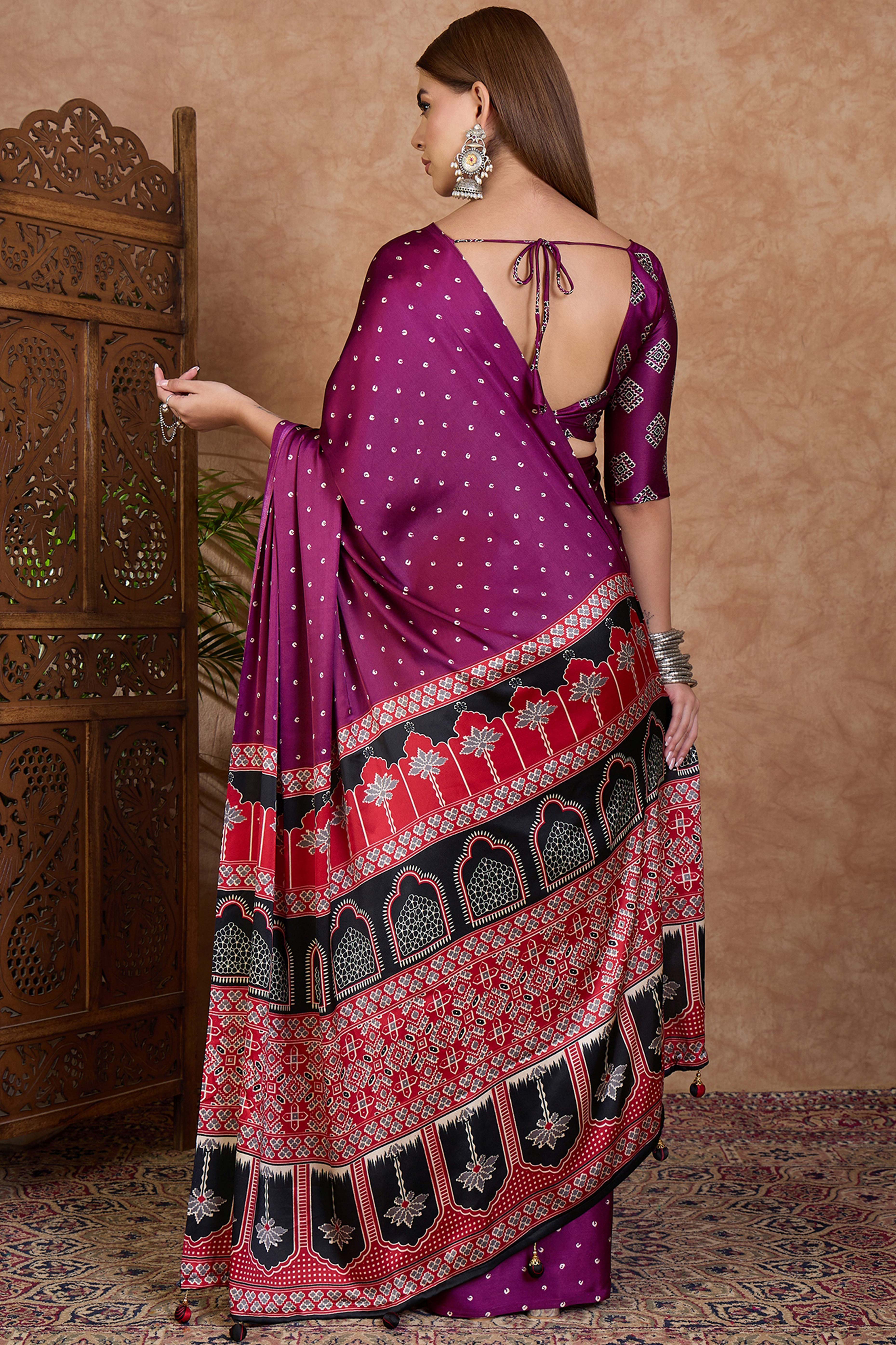 Wine Polka Dot Modal Satin Saree with Traditional Ajrakh Detailing on Pallu