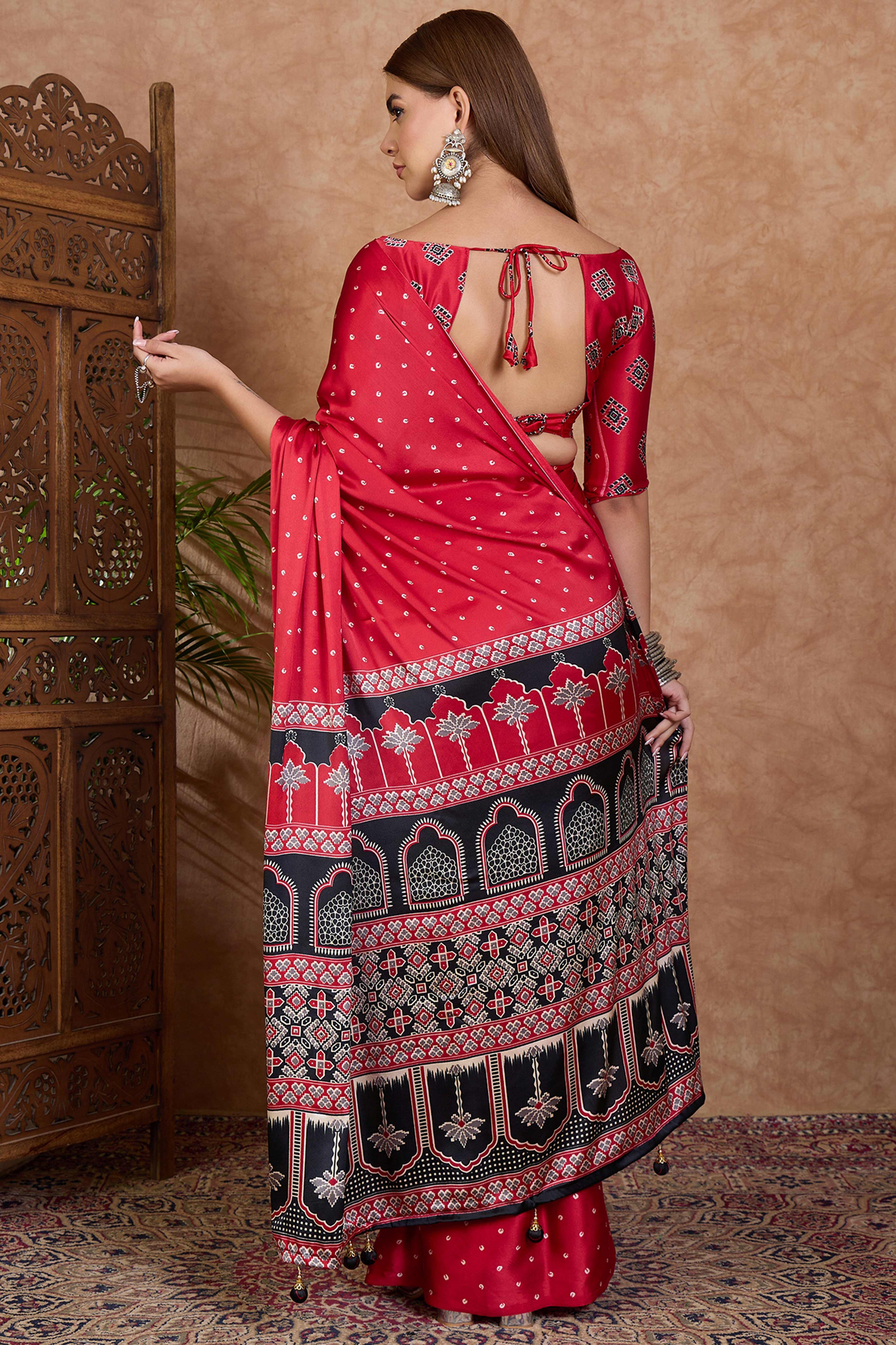 Red Polka Dot Modal Satin Saree with Traditional Ajrakh Detailing on Pallu